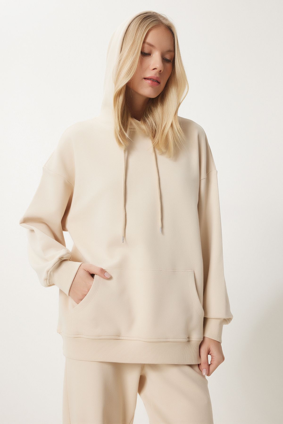 Women's Cream Hooded Sweatshirt Jogger Oversize Knitting Satatches PYS0027