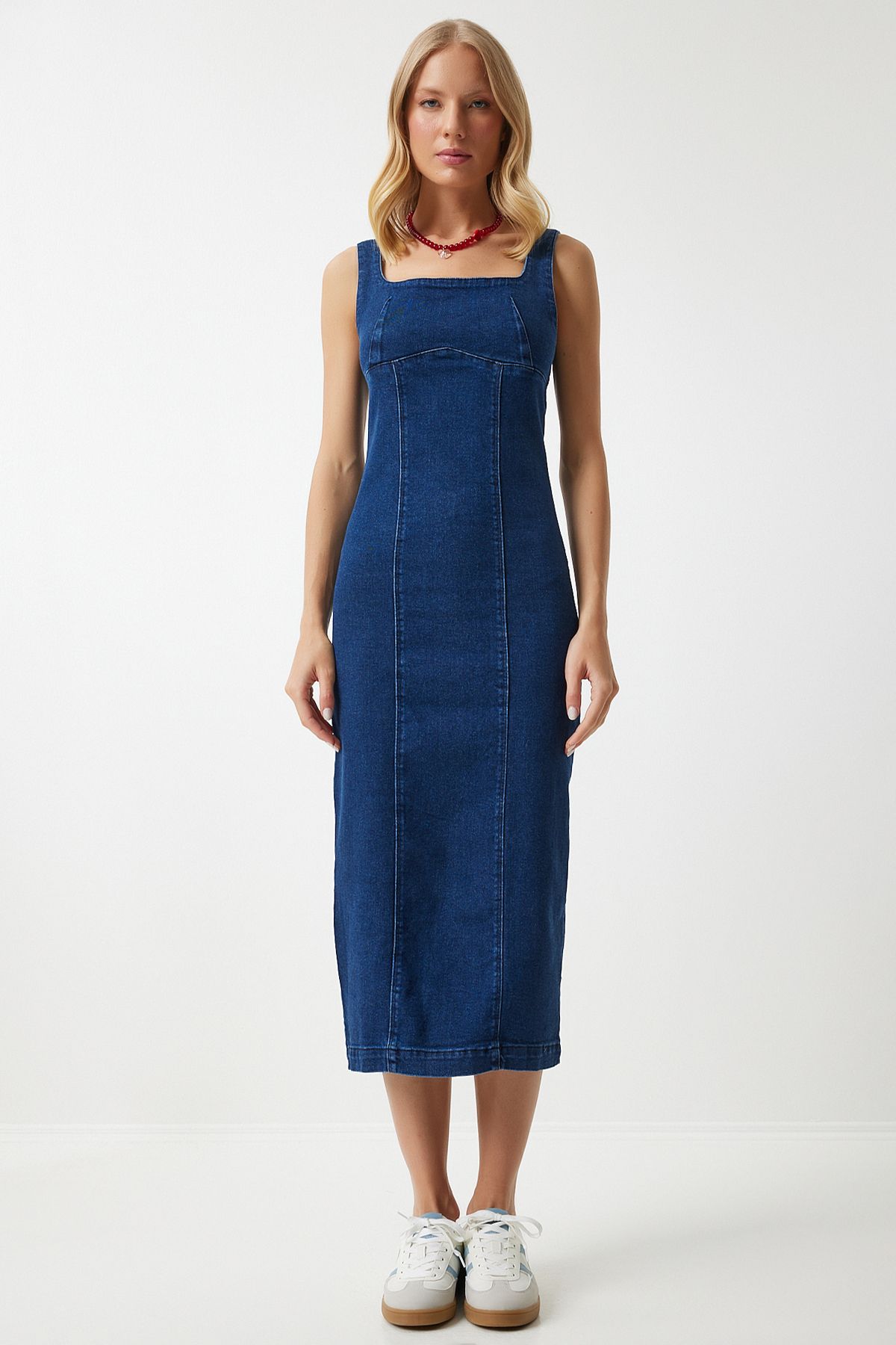 Woman Midi Denim Dress with Blue Zippered Hanger Ok00061