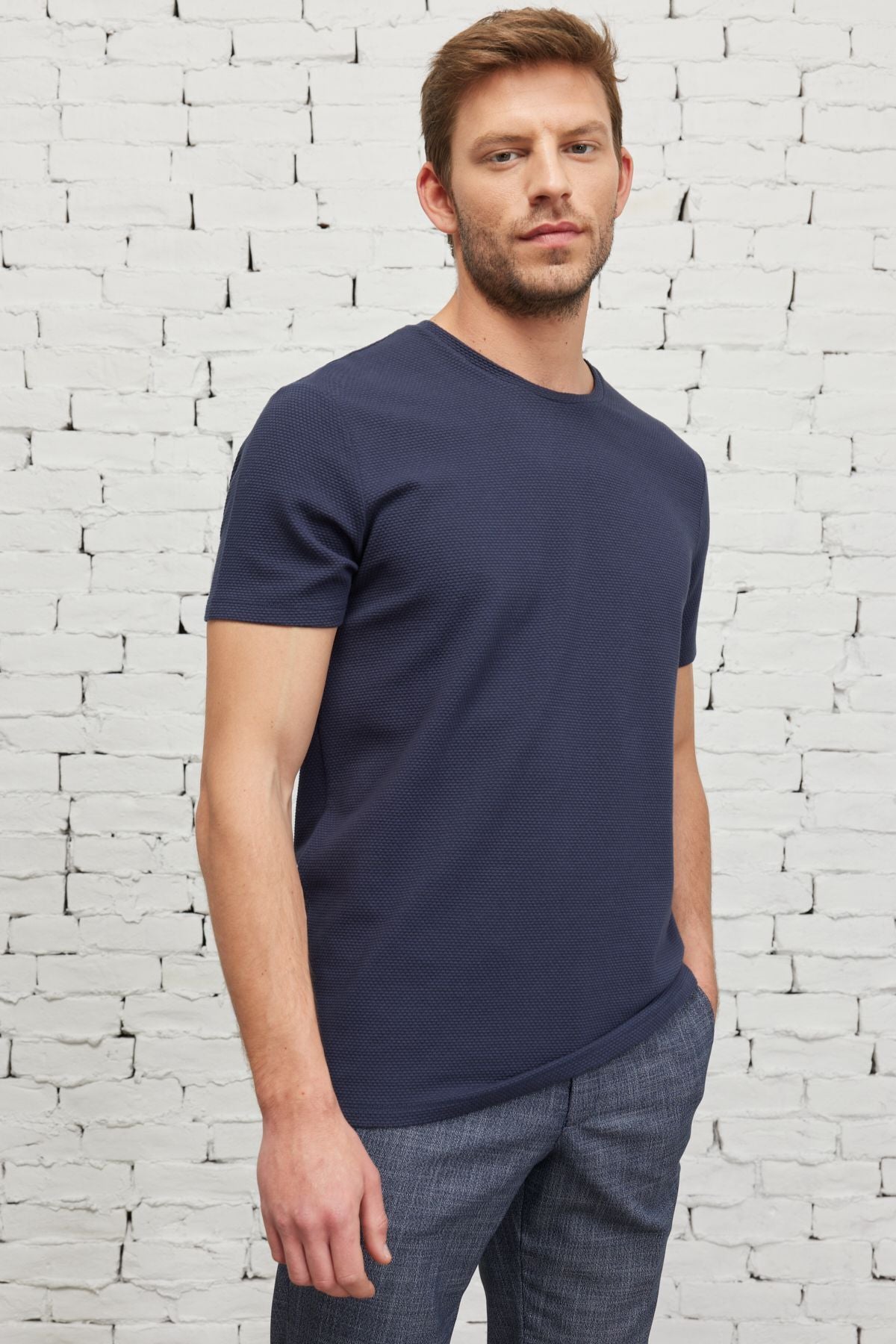 Men's navy blue slim fit narrow cut modal bike collar soft button flexible basic t -shirt