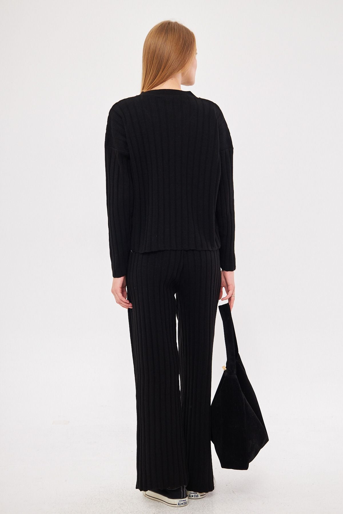 Women's Black V-Neck Binary Knitwear Set ARM-25K012002