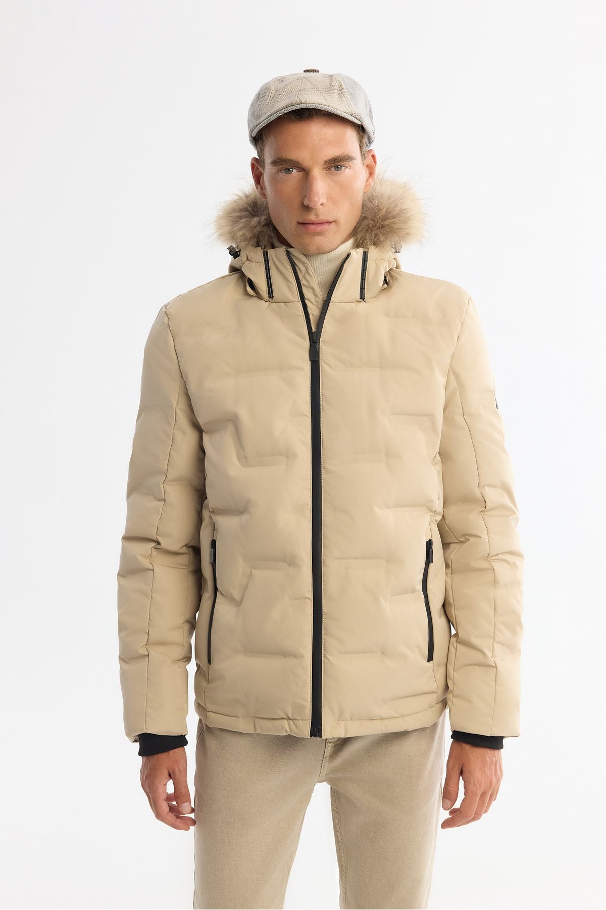 Men's Beige Hooded Water Repulsive Windproof Goose Feathery Swelling Mont A42y6010