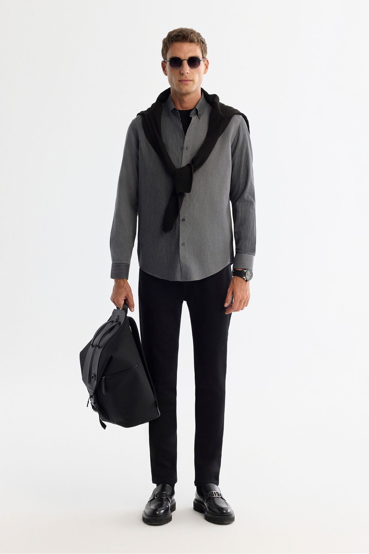 Men's black button collar 100 %cotton shirt A42y2136