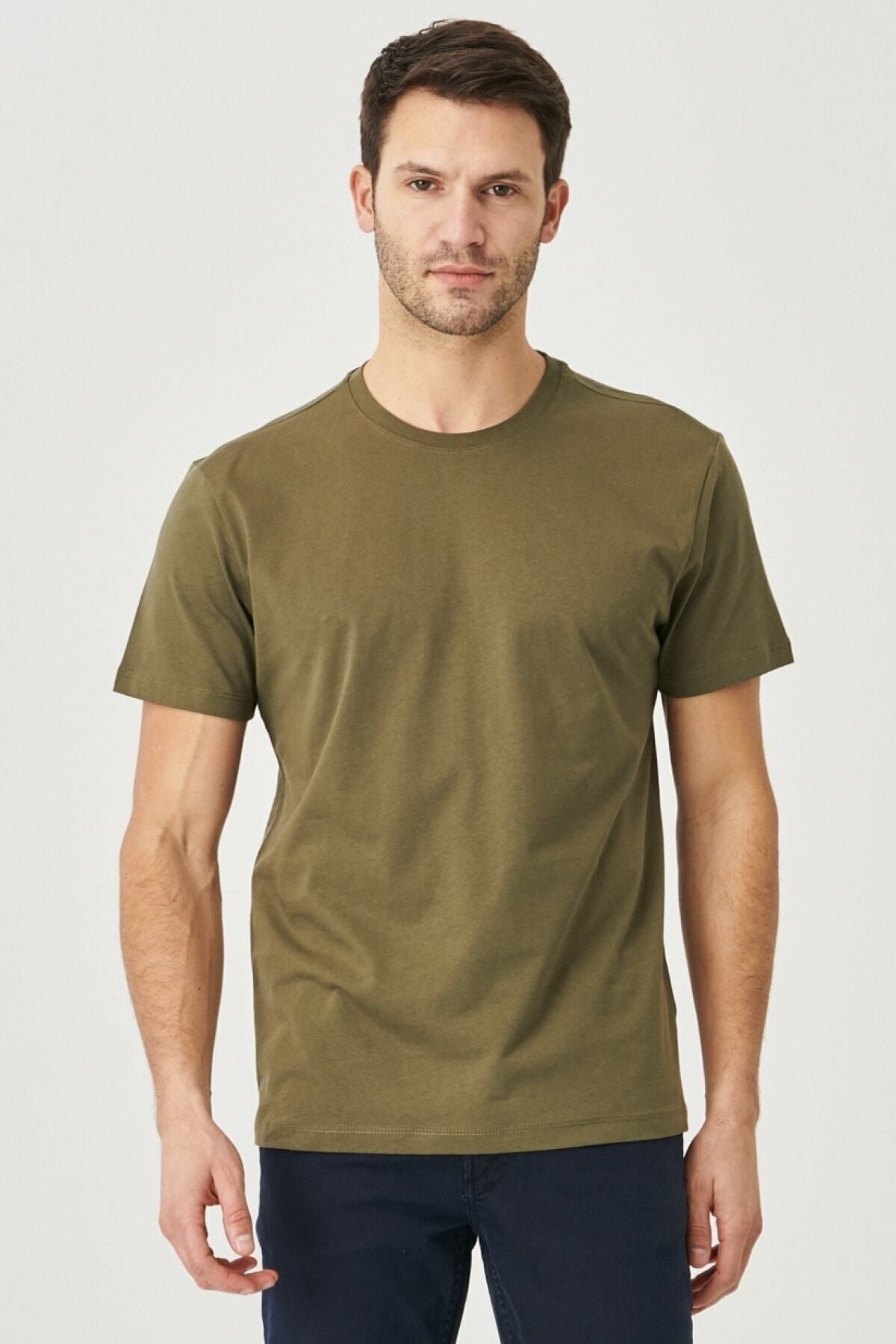 Male Khaki 100 %Cotton Slim Fit Narrow Cut Bike Bike Basic T -shirt