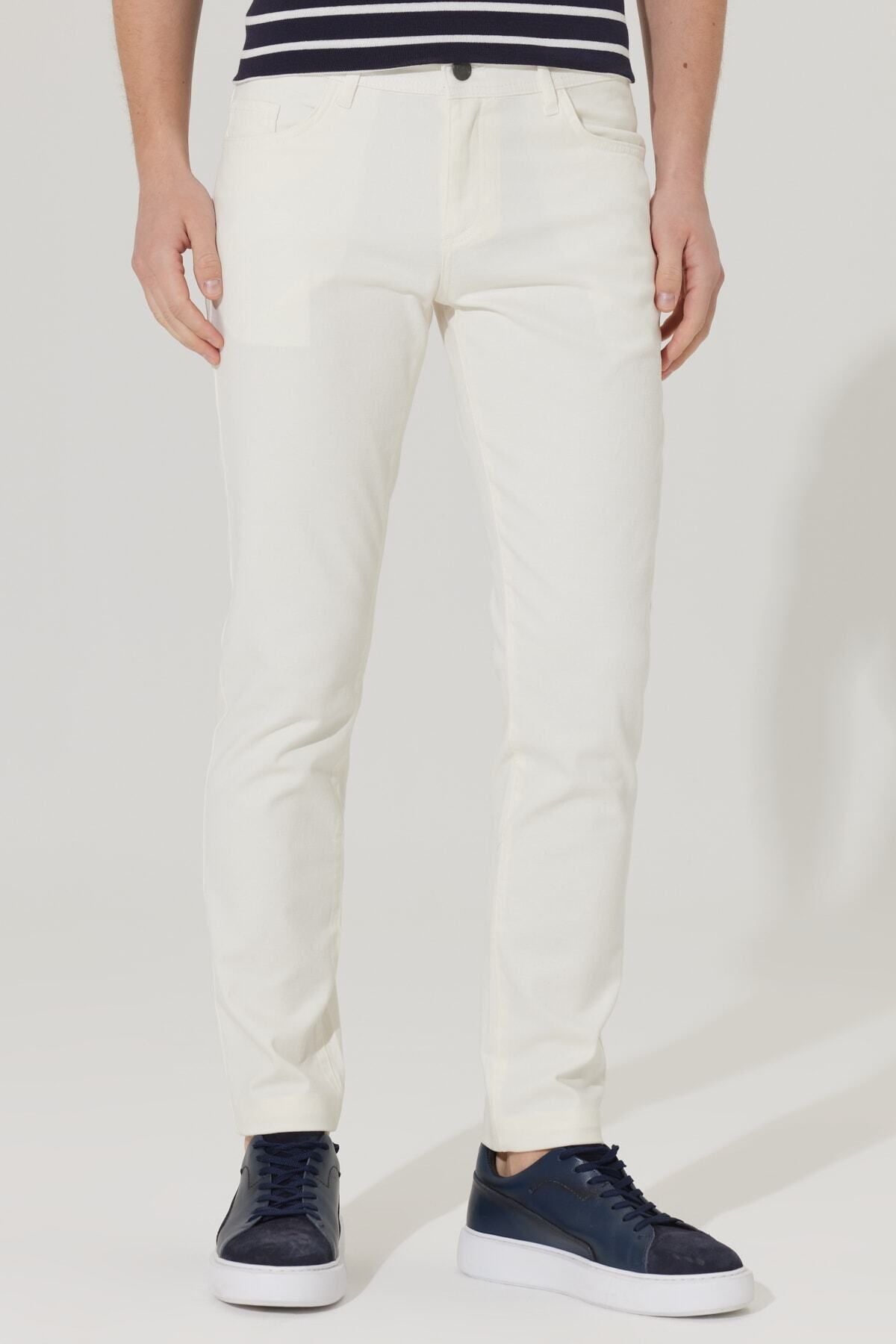 Men's ecru slim fit narrow cut 5 pocket cotton canvas flexible chino pants