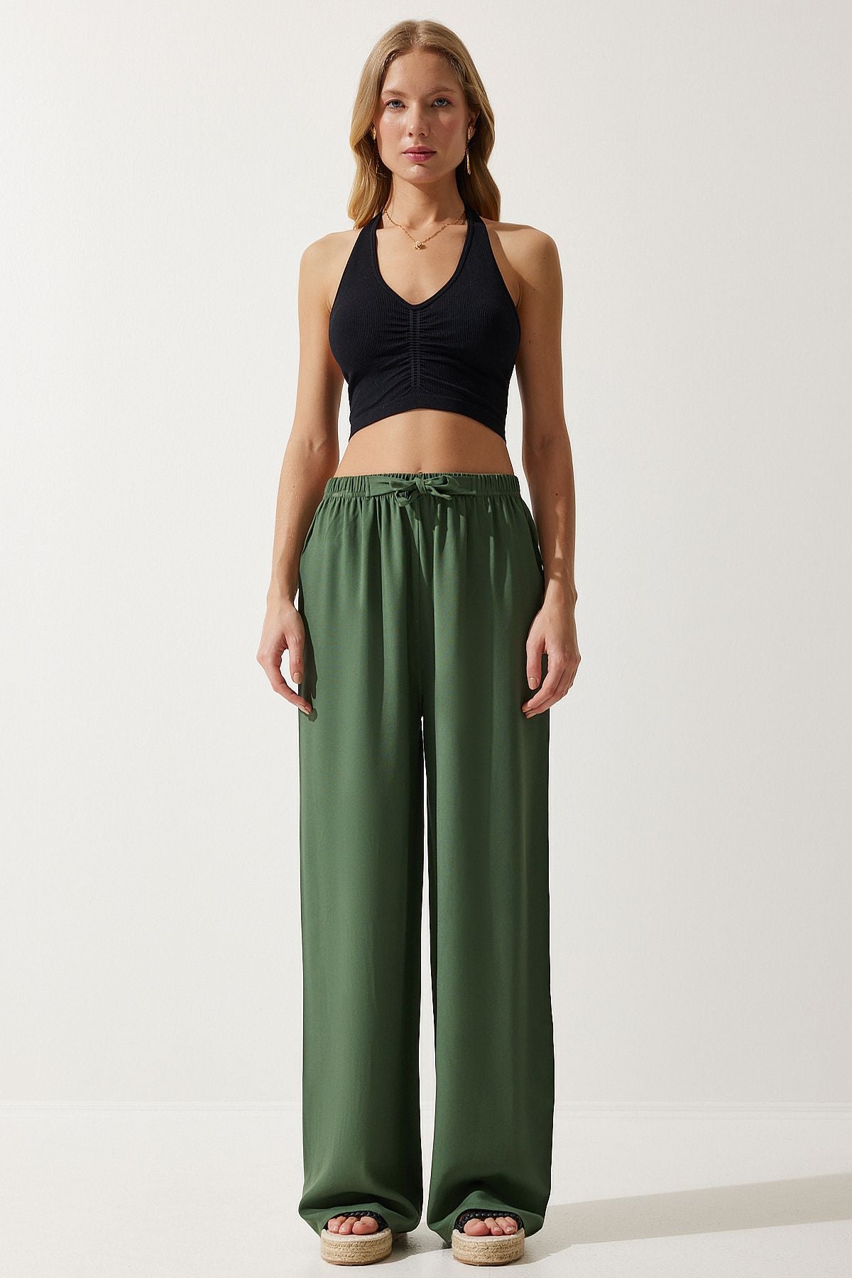 Female Khaki Summer Viscose Palazzo Pants EN00610