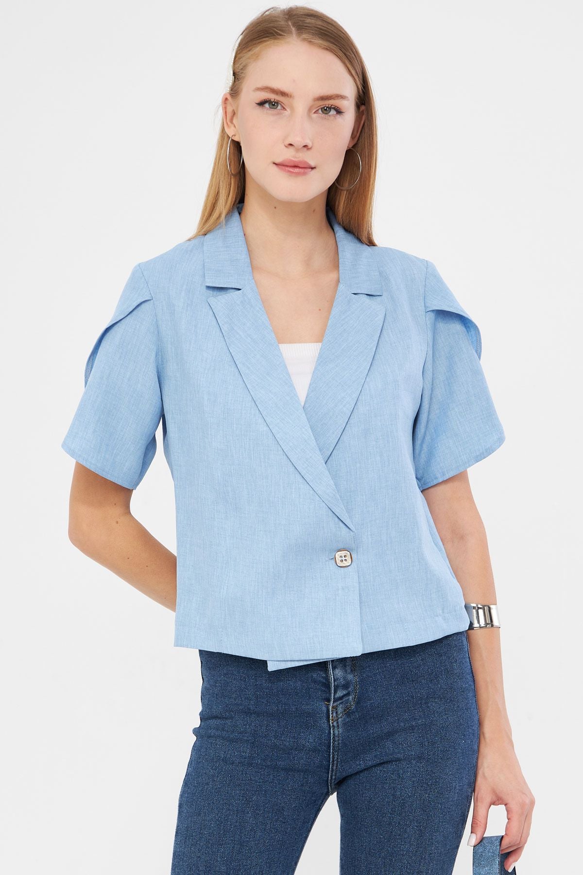 WOMEN BABY BLUE BLACK SPRING DETAILED Crop Short Sleeve Jacket ARM-24Y001048