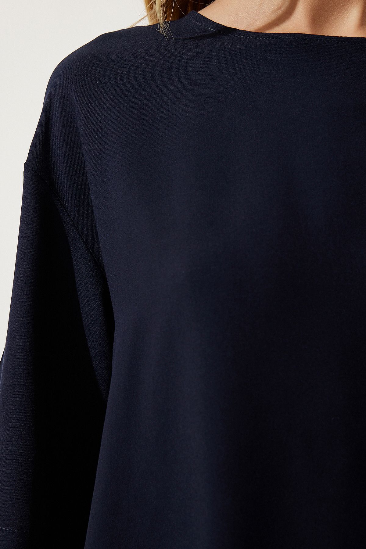 Female navy blue bicycle collar draped viscose blouse RC00152