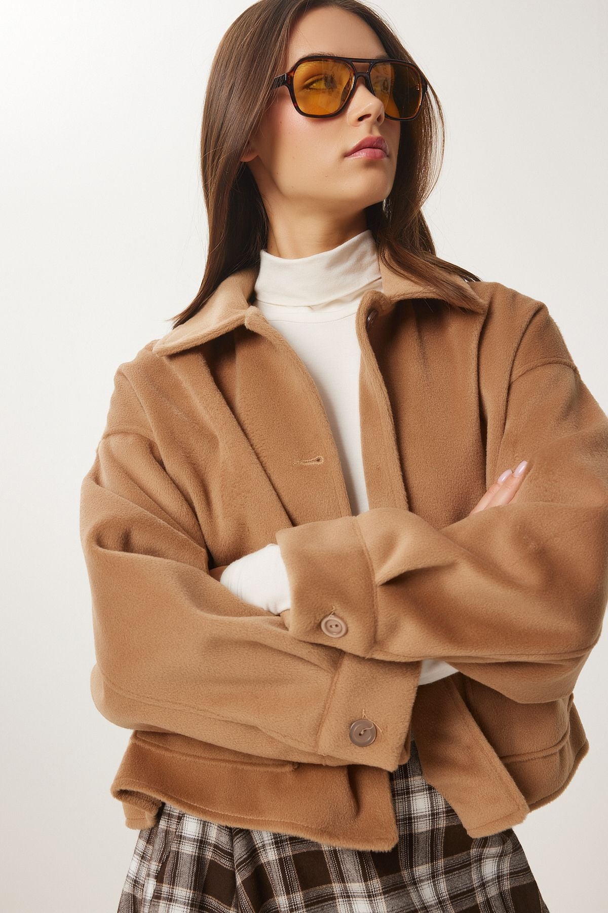 Female Camel Wide Pocket Soft Stamp Jacket FN03445