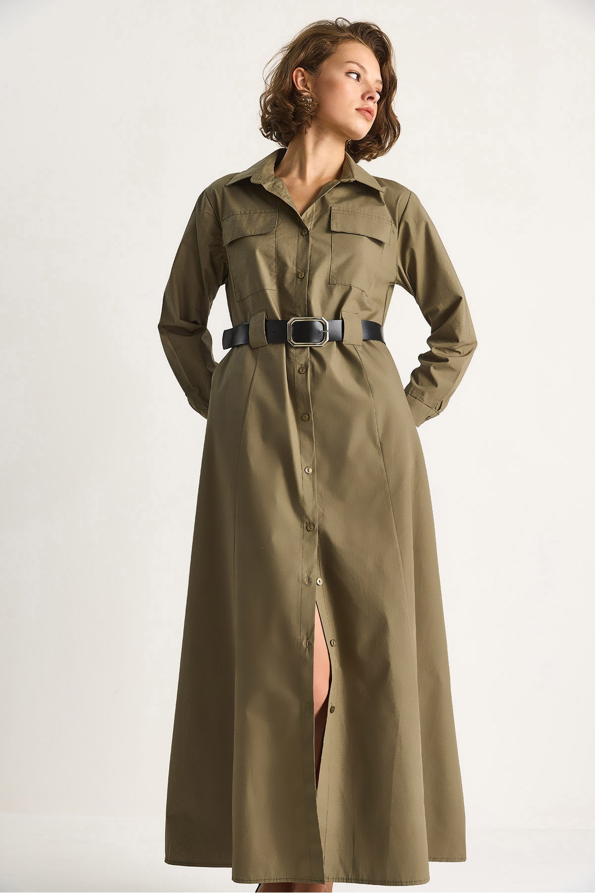 Women's Button Closure Pocket Detailed Belted Shirt Dress 60284073
