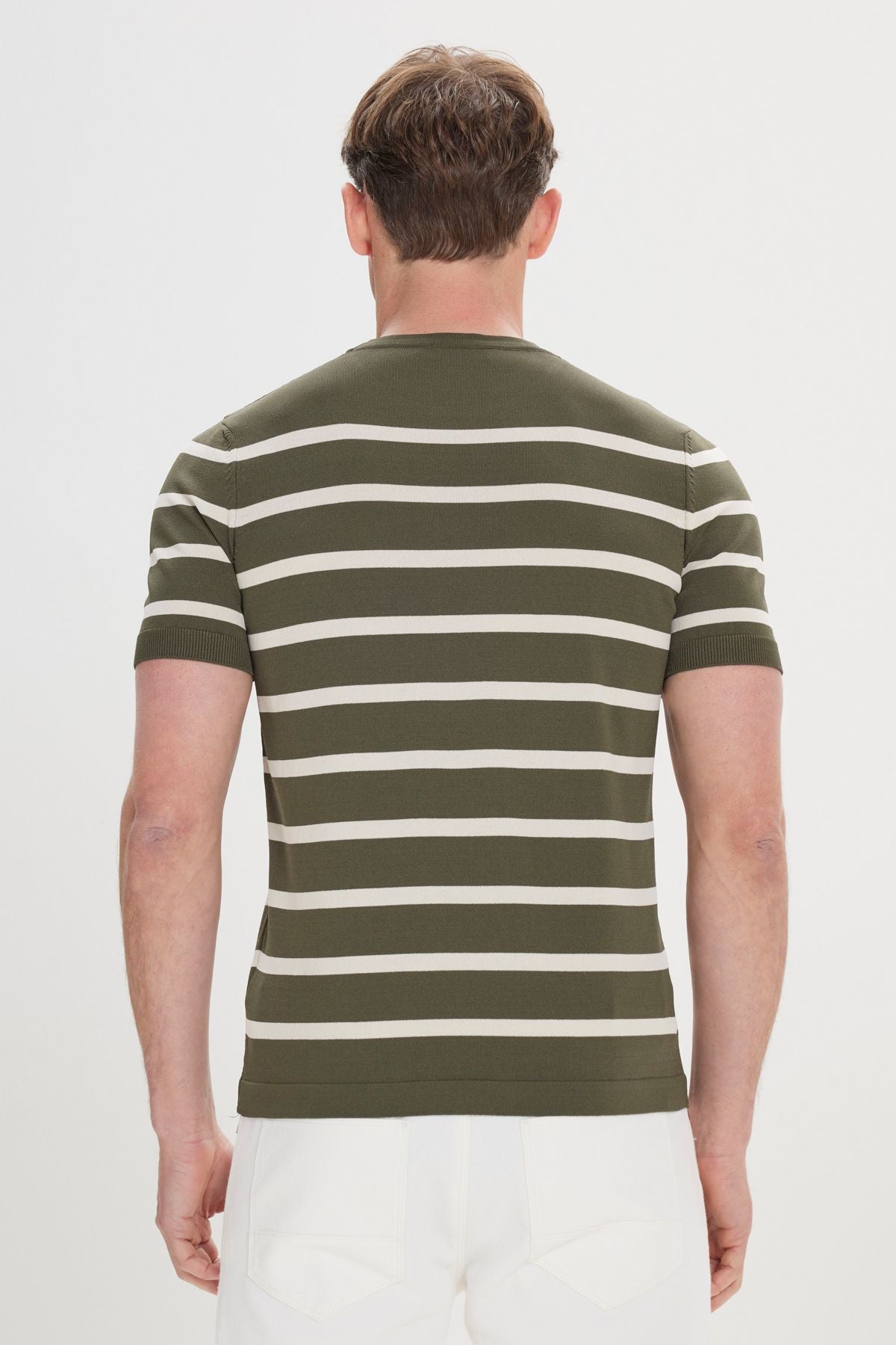 Men's Khaki-Ekru Standard Fit Normal Cut Bicycle Yaka striped knitwear T-shirt