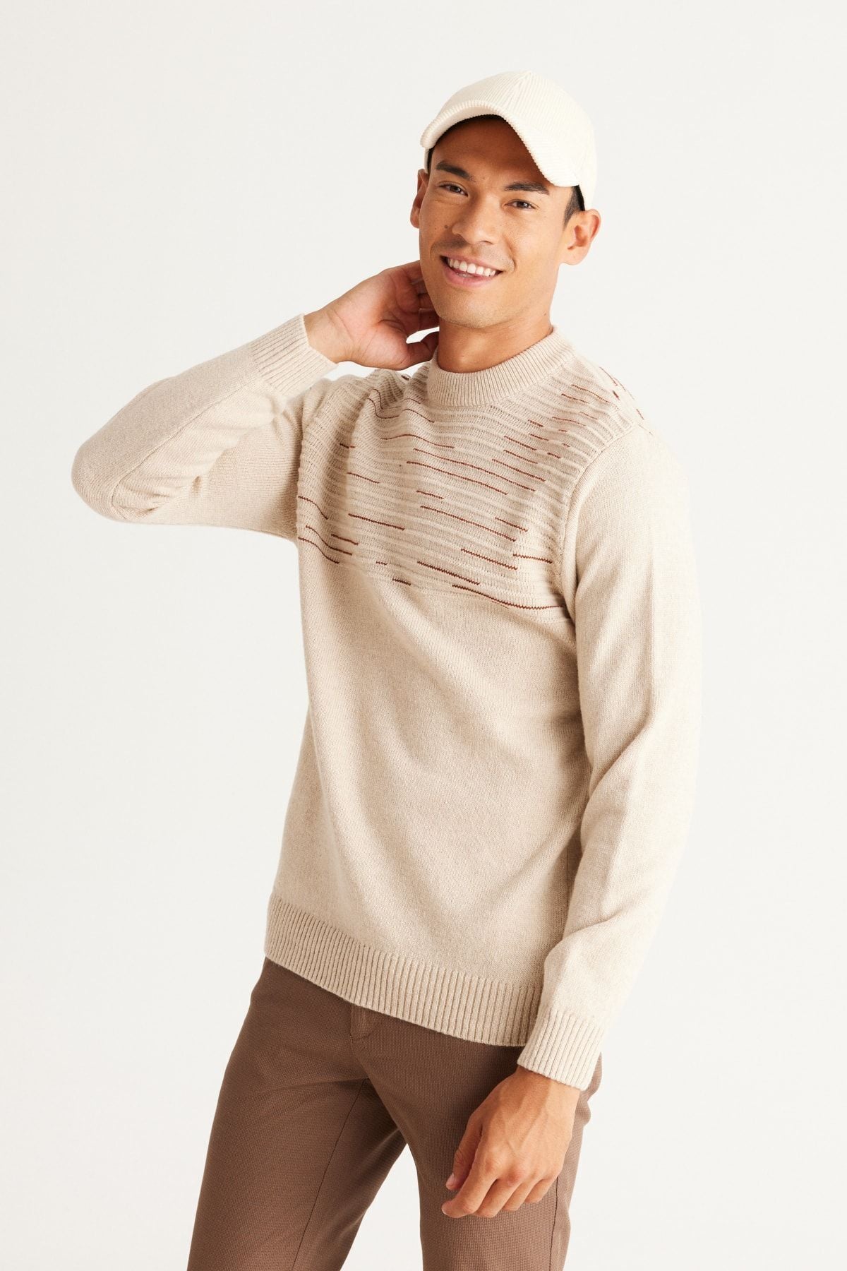 Men's Beige-Rıremıt Standard Fit Normal Cut Half Fisherman Yaka knitwear sweater