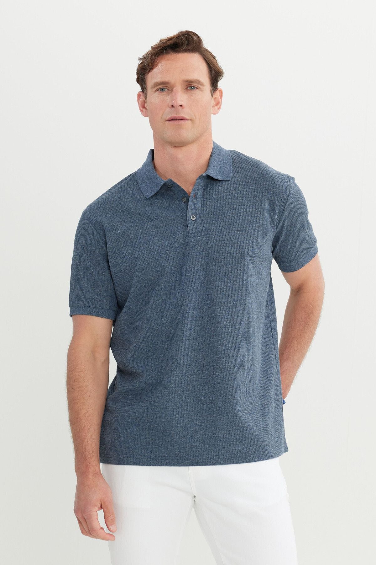Men's Indigo Cotton Standard Fit Normal Cut Patterned Polo Yaka T -shirt