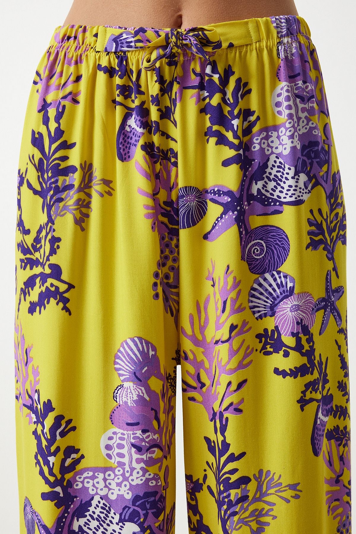 Woman Yellow Purple Patterned Viscose Palazzo Pants EN00606