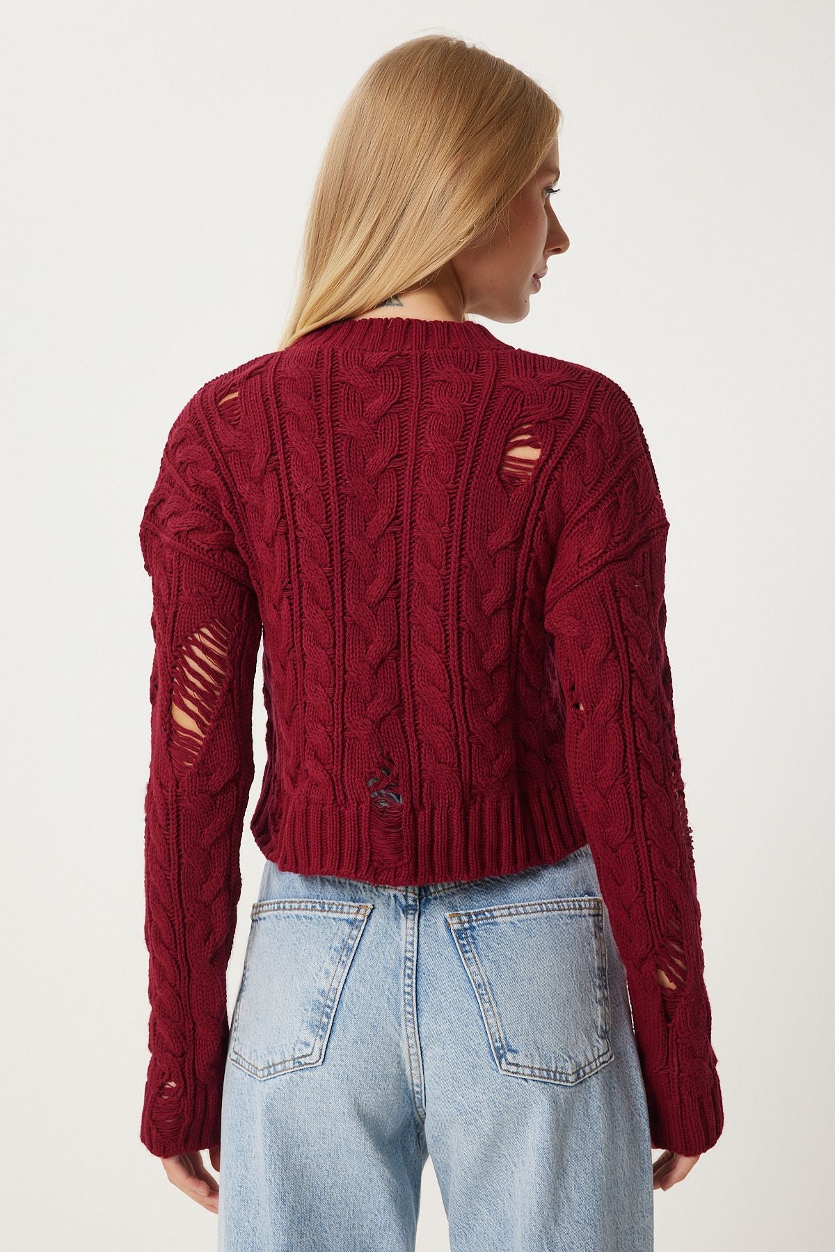 Female Bordeaux Ripped Detailed Braided Knitwear Sweater FN03339