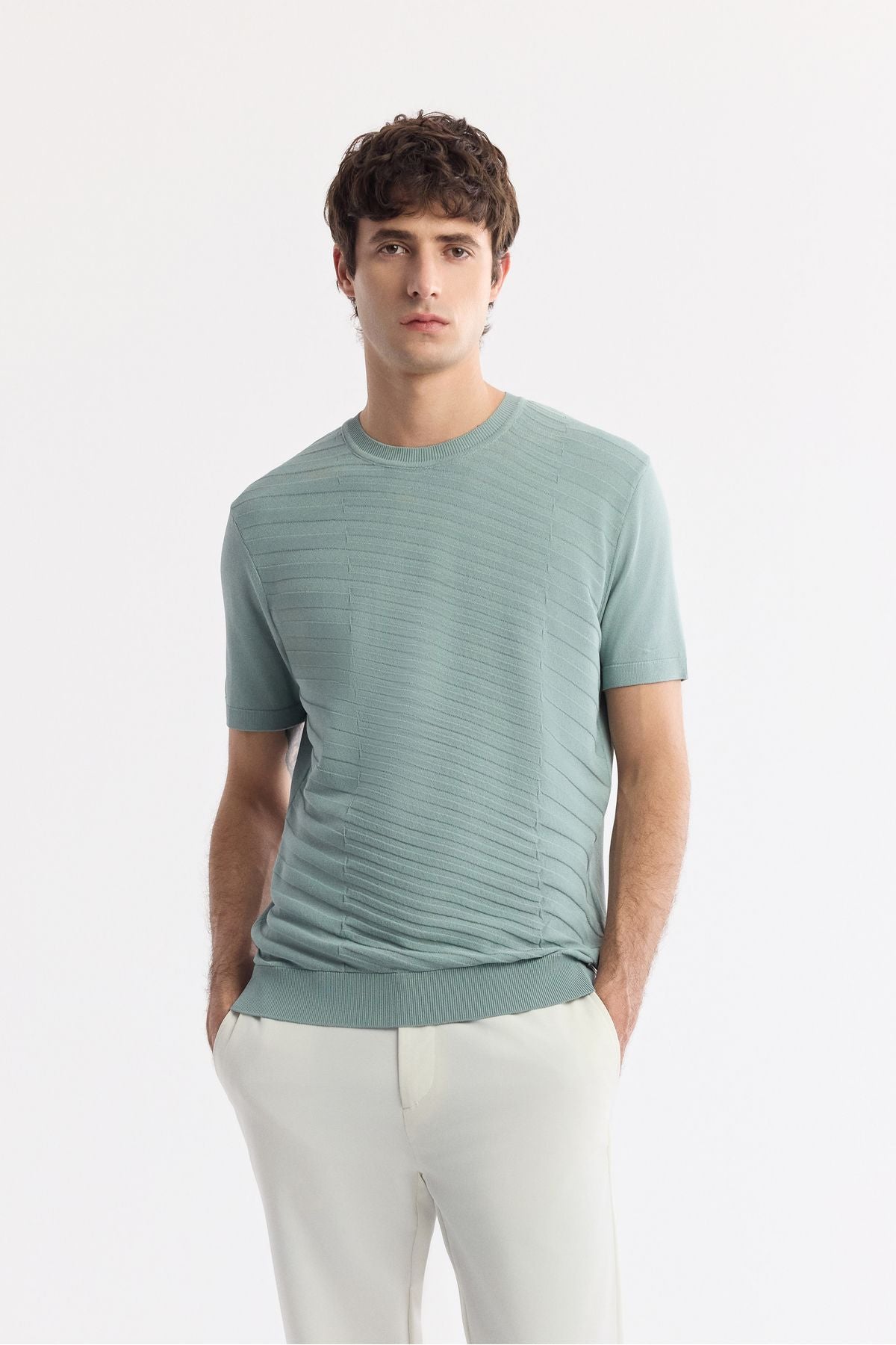 Men's Nile Green Bicycle Neckline Jacquar Detail Rayon Triko T-shirt A51y5004