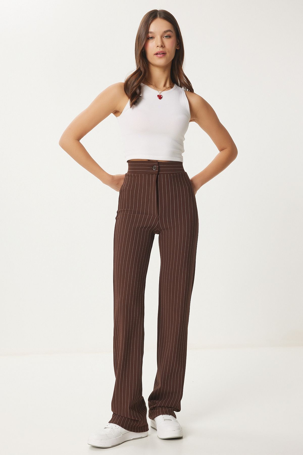 Female brown high waist striped pants RV00094