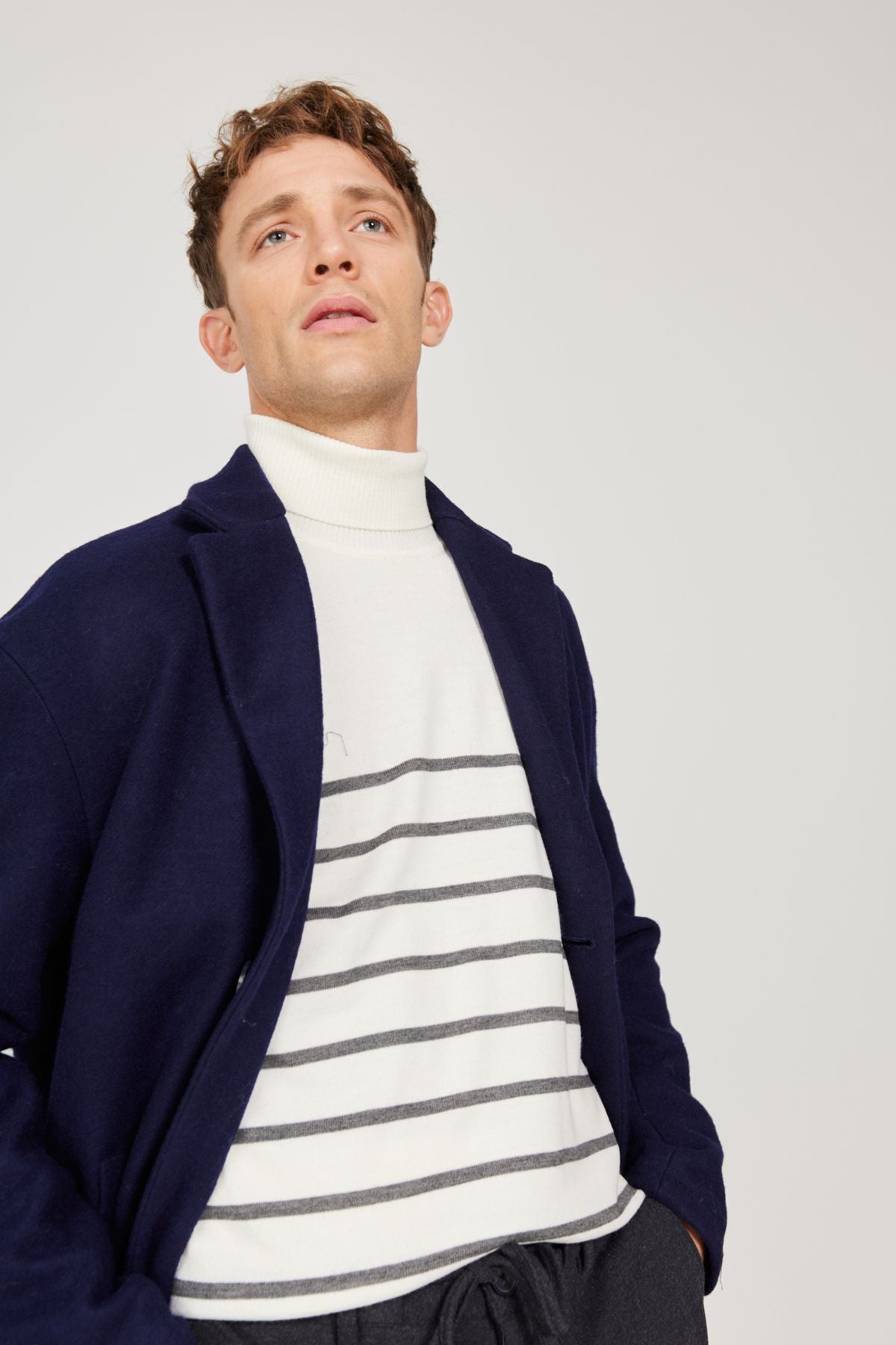 Men's navy blue overwheeling mono collar woolen stamp coat