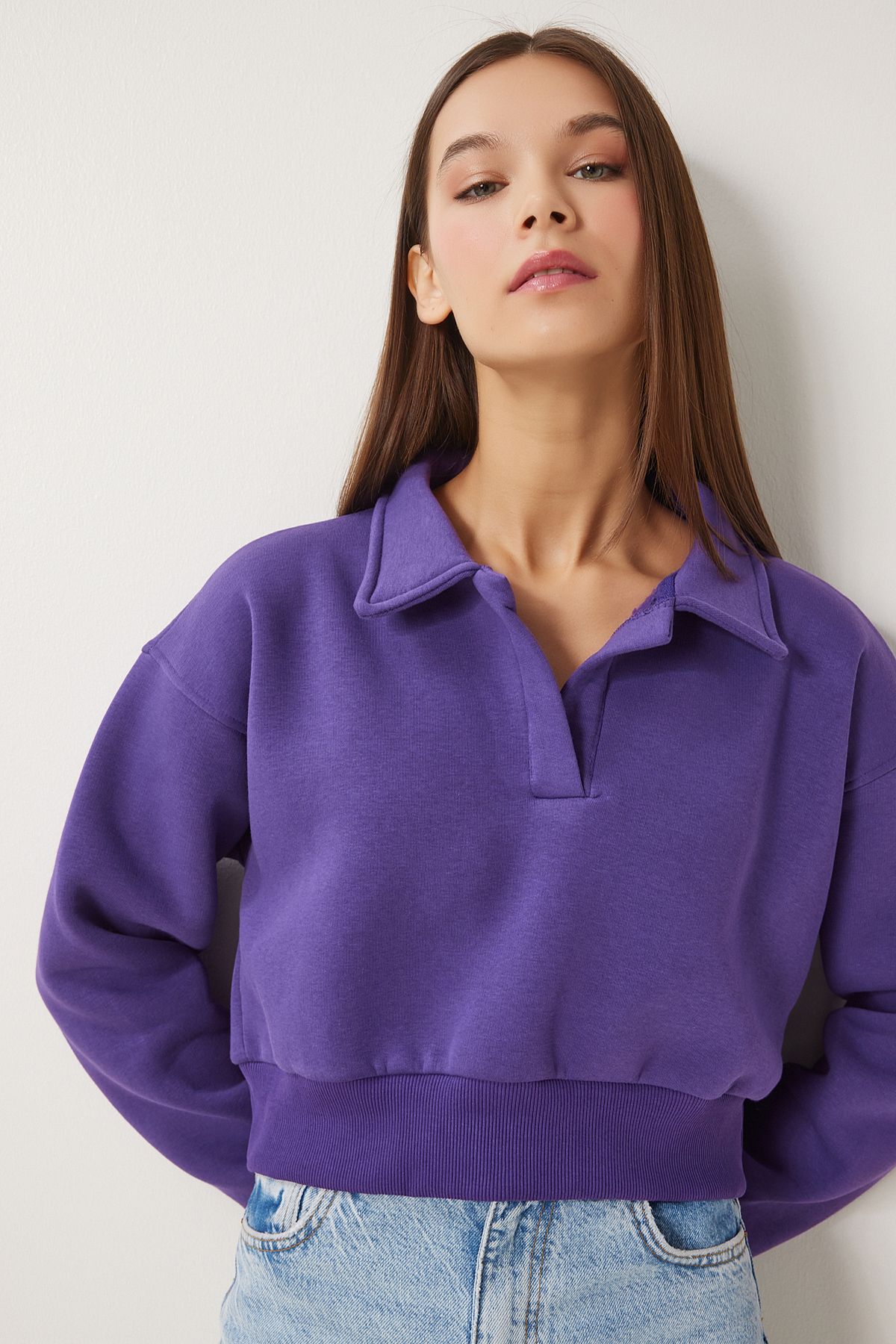 Woman purple polo collar crop knitted Sweatshirt HW00014