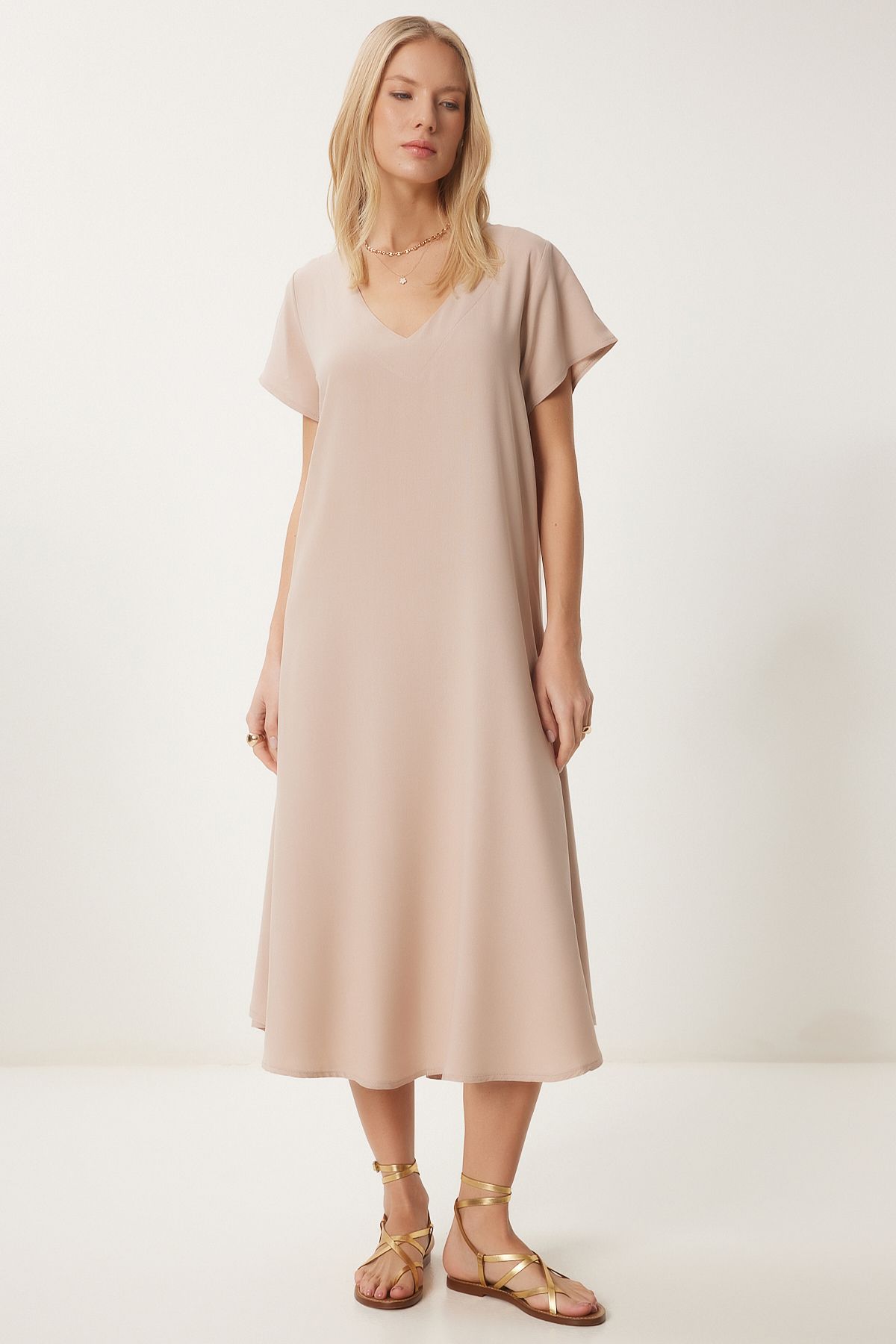 Women's Cream V -Neck Summer Casting Viscose Dress EN00612