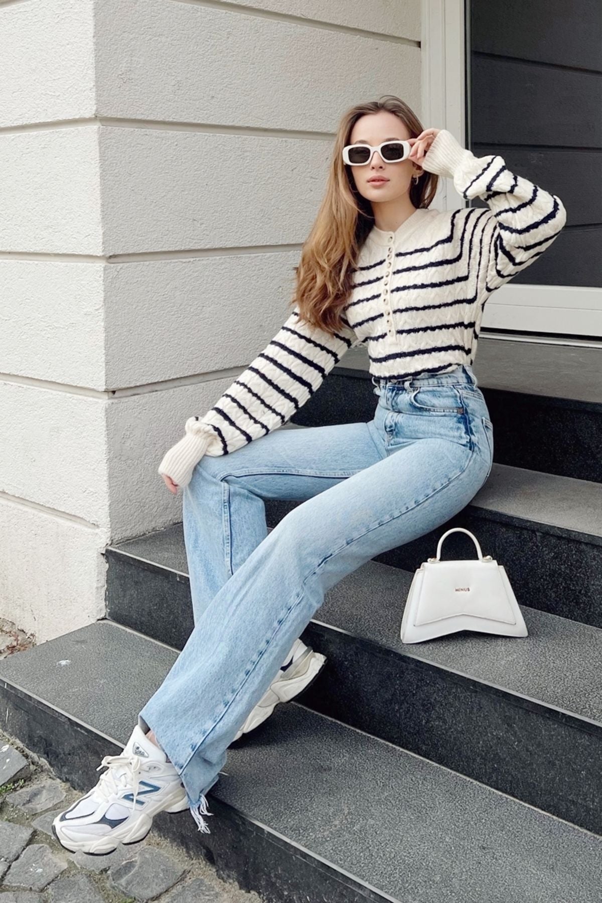 Female braided collar buttonhole striped knitwear sweater