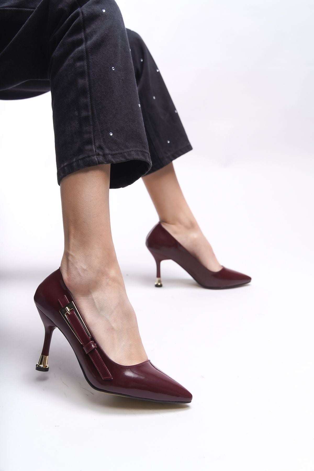 Yathae Women Heels Shoes 0012968 Bordeaux Patent Leather