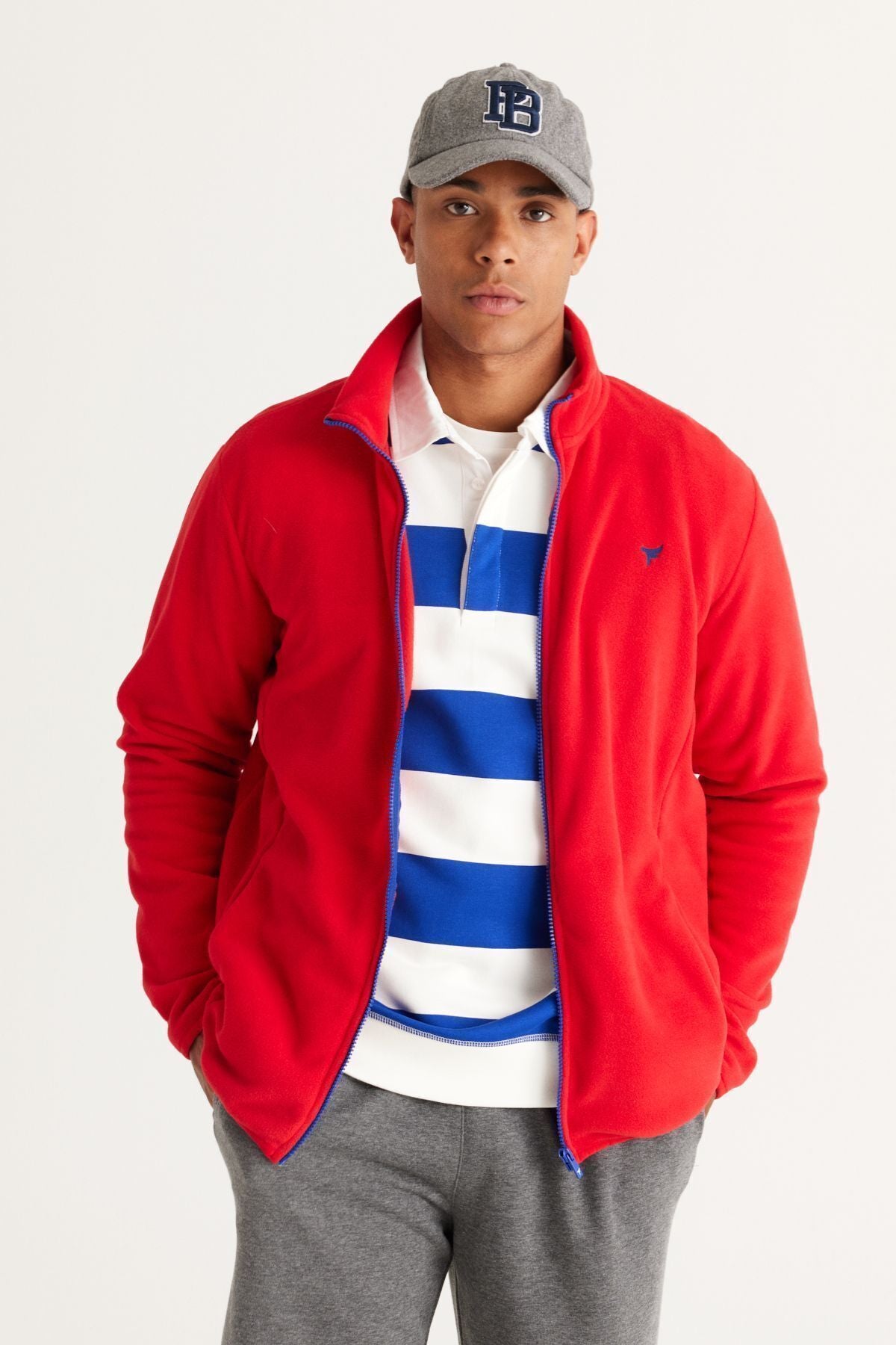 Men's Red Standard Fit Normal Cutting Cold -Performing Roring Neckline Polar Sweatshirt Jacket