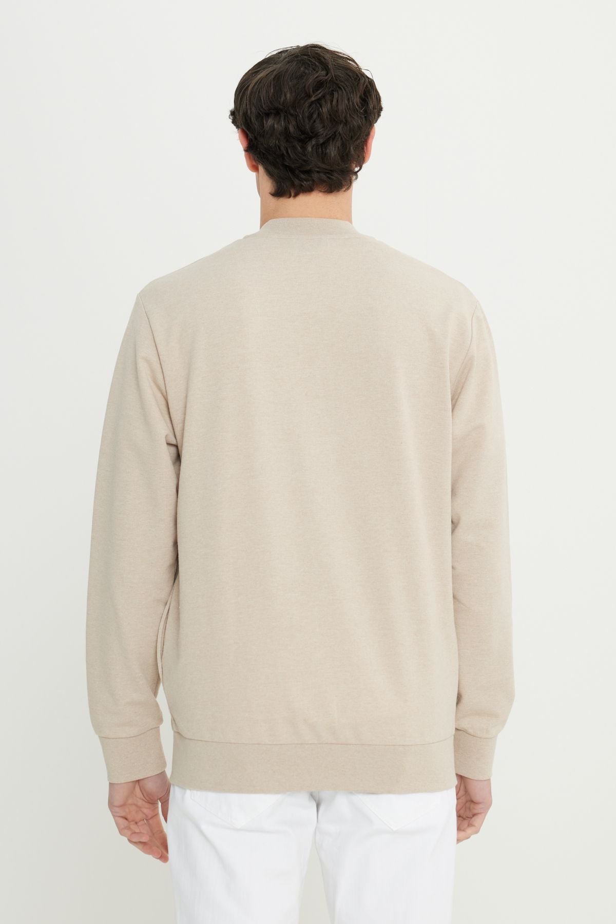 Men's Beige Cotton Standard Fit Normal Cutting College Side Cep Sweatshirt Jacket