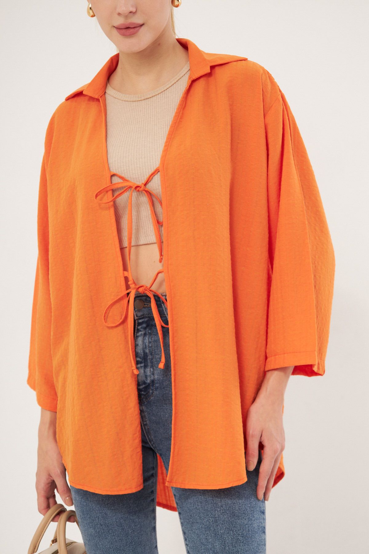 Women's Orange Shirt Collar with Lacked Kimono Shirt ARM-25K001006