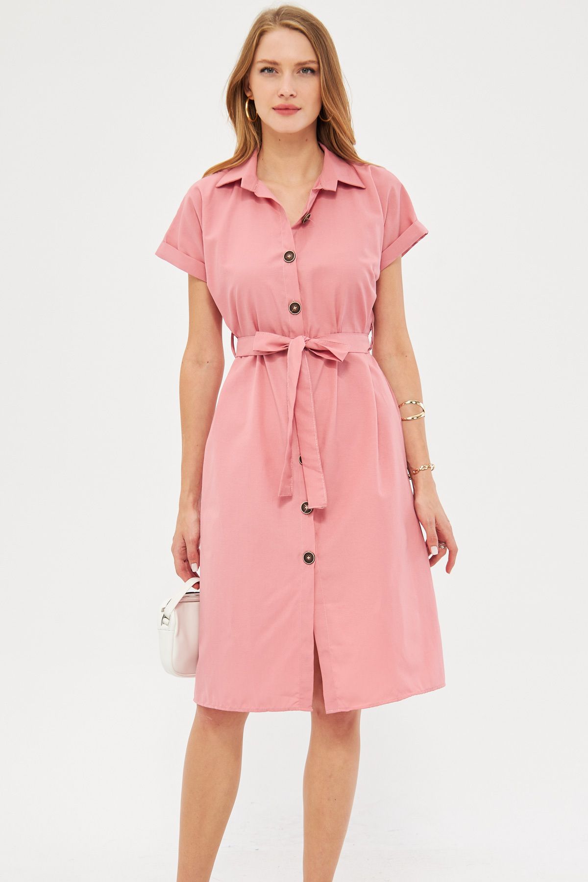 Woman Pink Waist Belt Short Sleeve Shirt Dress ARM-19Y001068