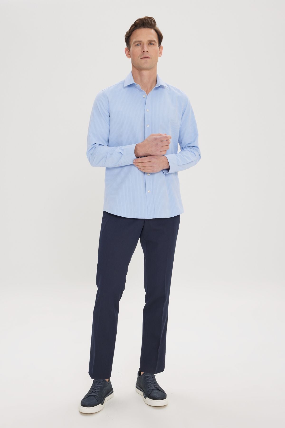 Men's navy blue slim fit narrow cut flexible classic pants