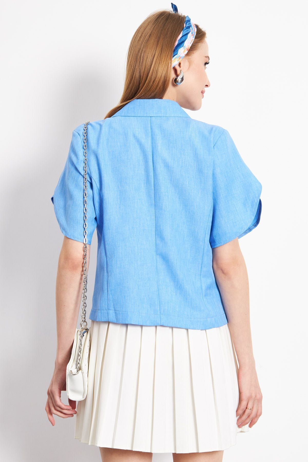 Woman Light Blue Lend Slip Detail Crop Short Sleeve Jacket ARM-24Y001048