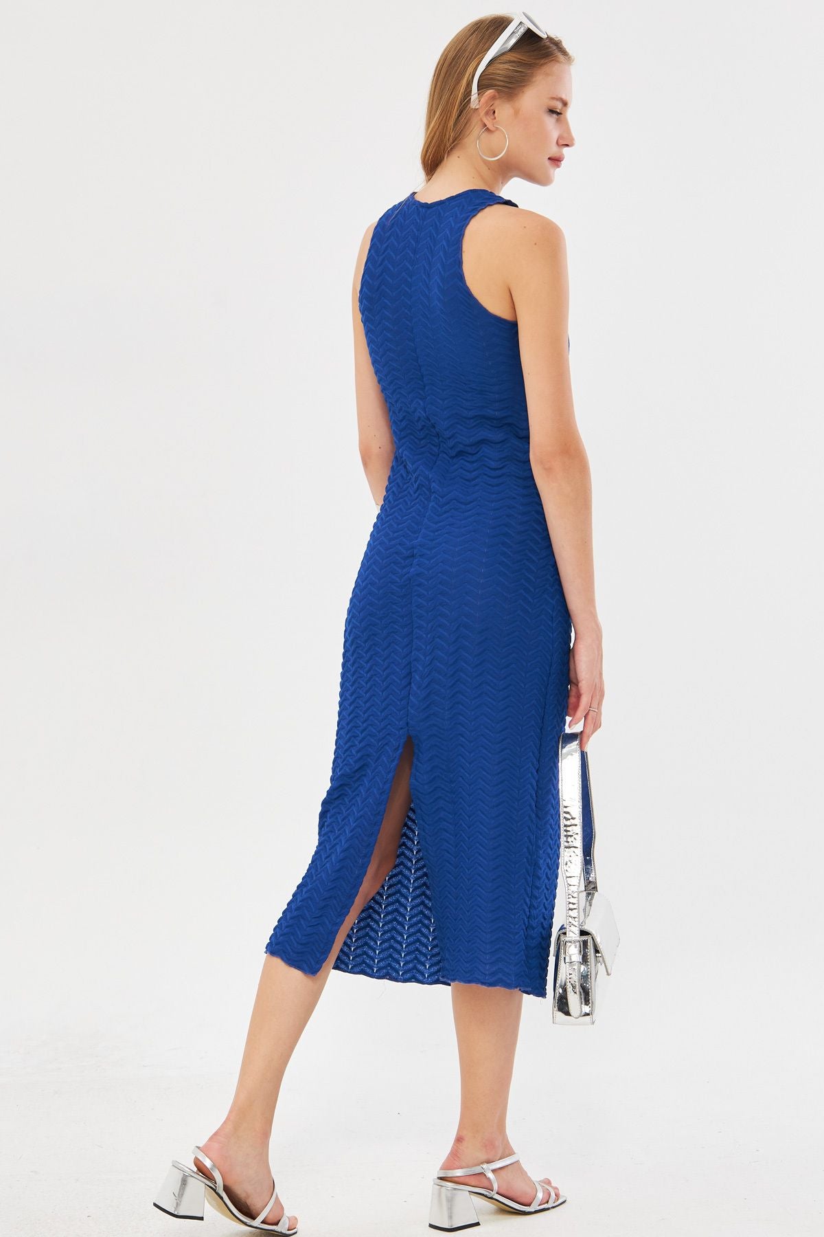 Female Saks V-Neck Sitting Behind Behind Slitting Patterned Midi Boy Dress ARM-24Y001102