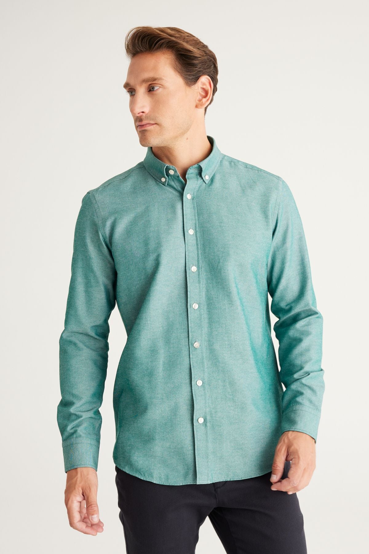 Men's Oxford Green Button Neck Easy ironable cotton slim fit narrow cut shirt