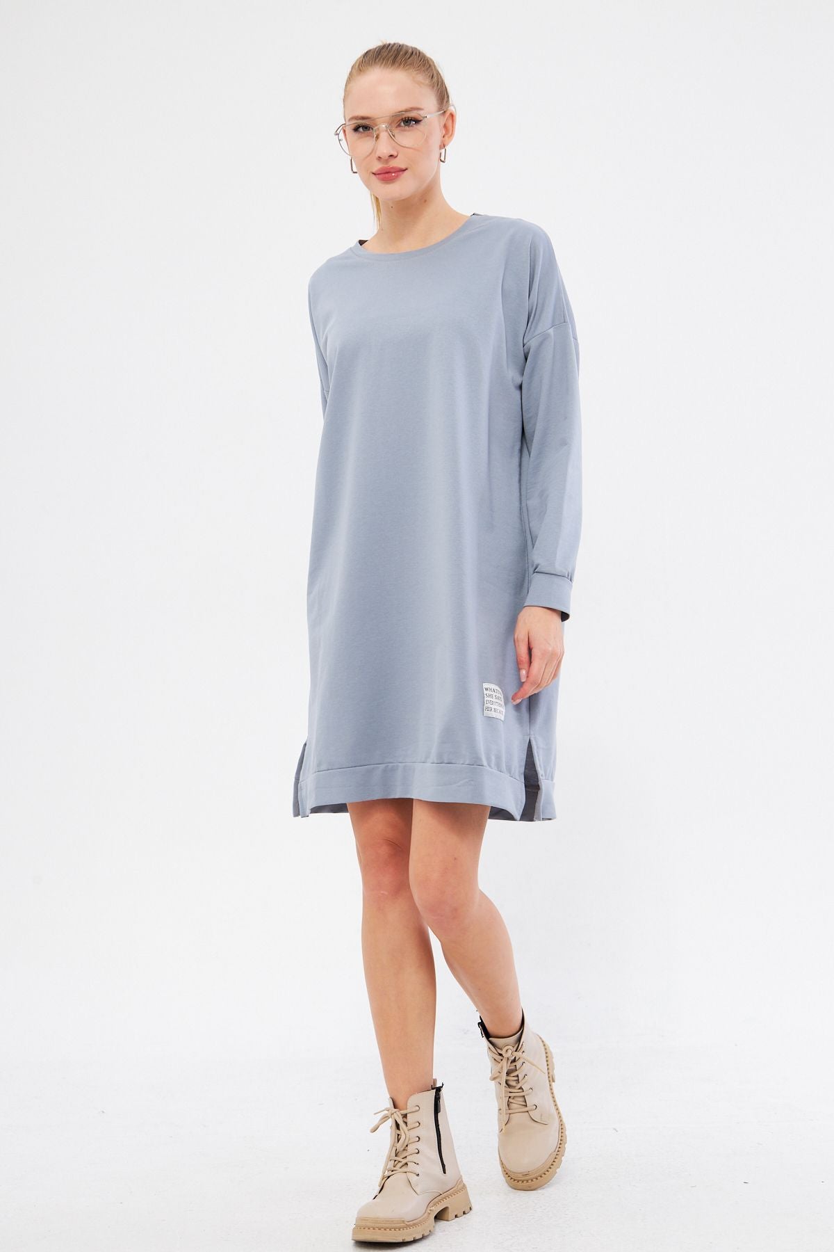Kadın Gri Bisiklet Yaka Yanları Yırtmaçlı Tunik Sweatshirt ARM-25K001022