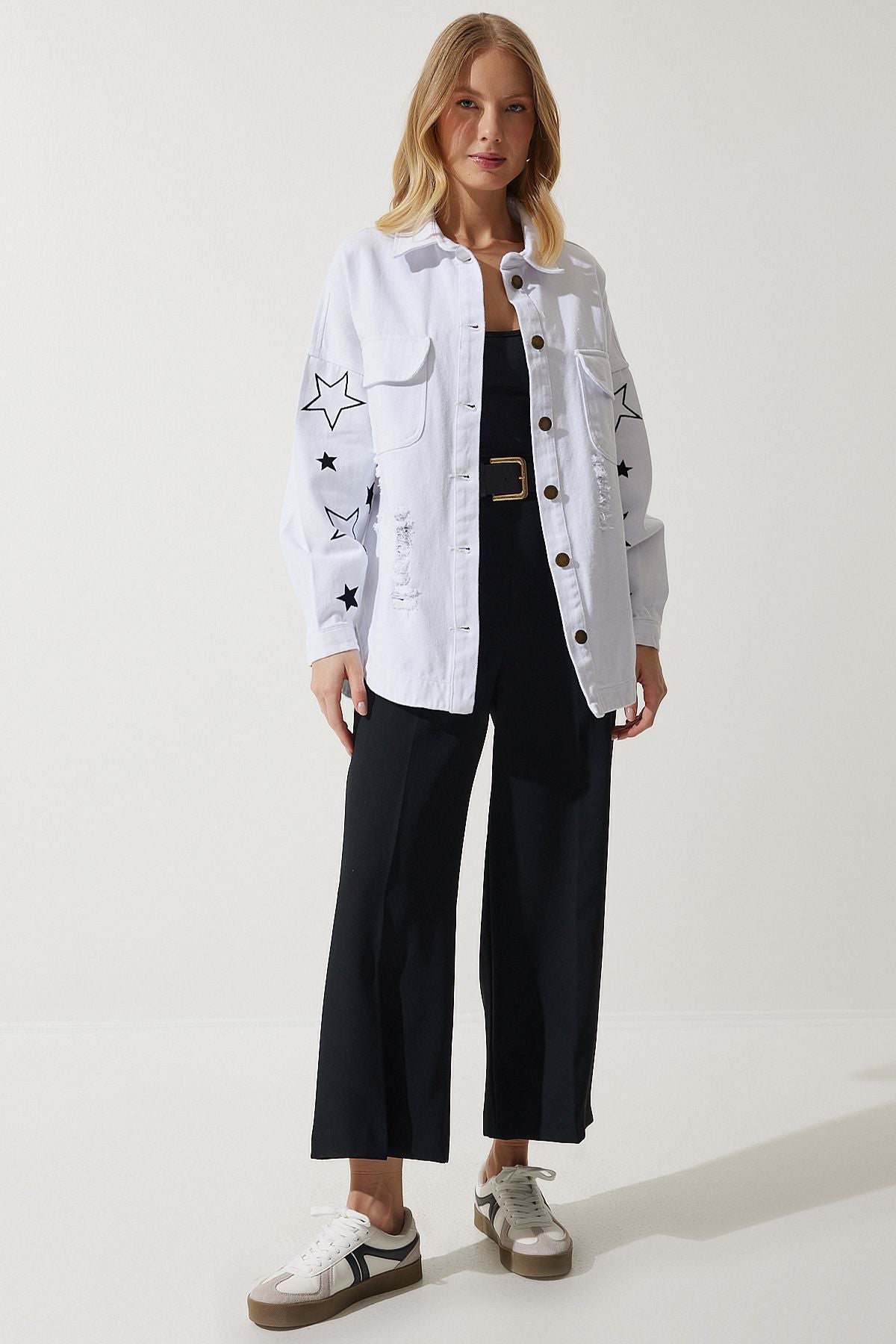 Woman White Star Embroidered Oversize Shirt Jacket SA00026