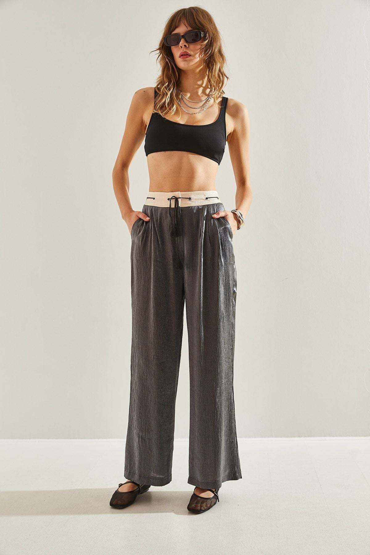 Female Baglama Rope Detailed Yüksel Bel Jacquard Palazzo Pants 60251119