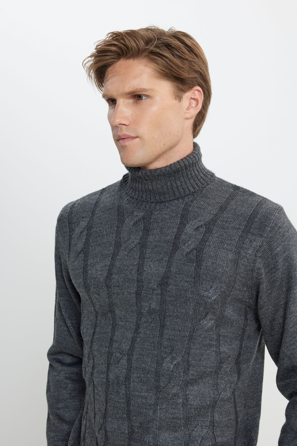 Men's anthracit-melanj standard fit normal cut full fishing collar jacquari knitwear sweater