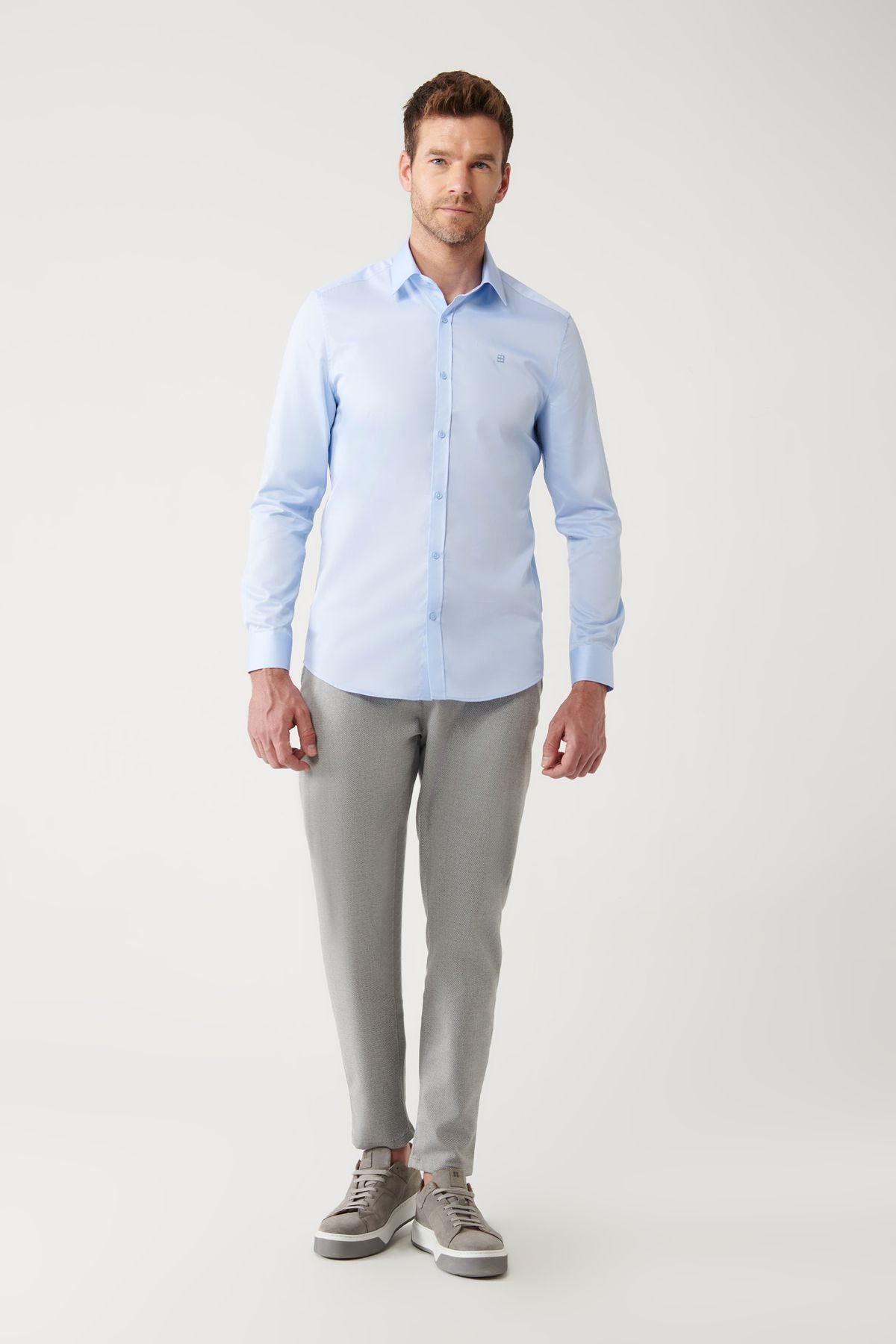Men's blue classic collar 100 %cotton satin shirt B002006