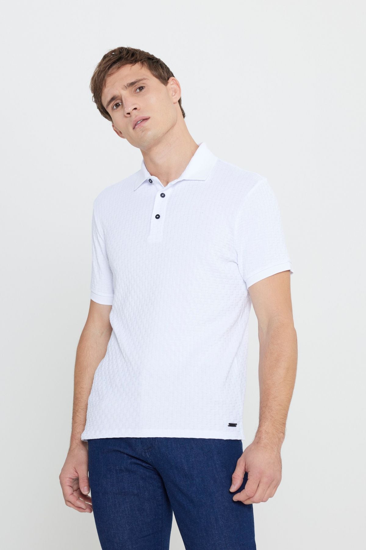 Men's white slim fit narrow cut Polo Yaka Jacquard T -shirt