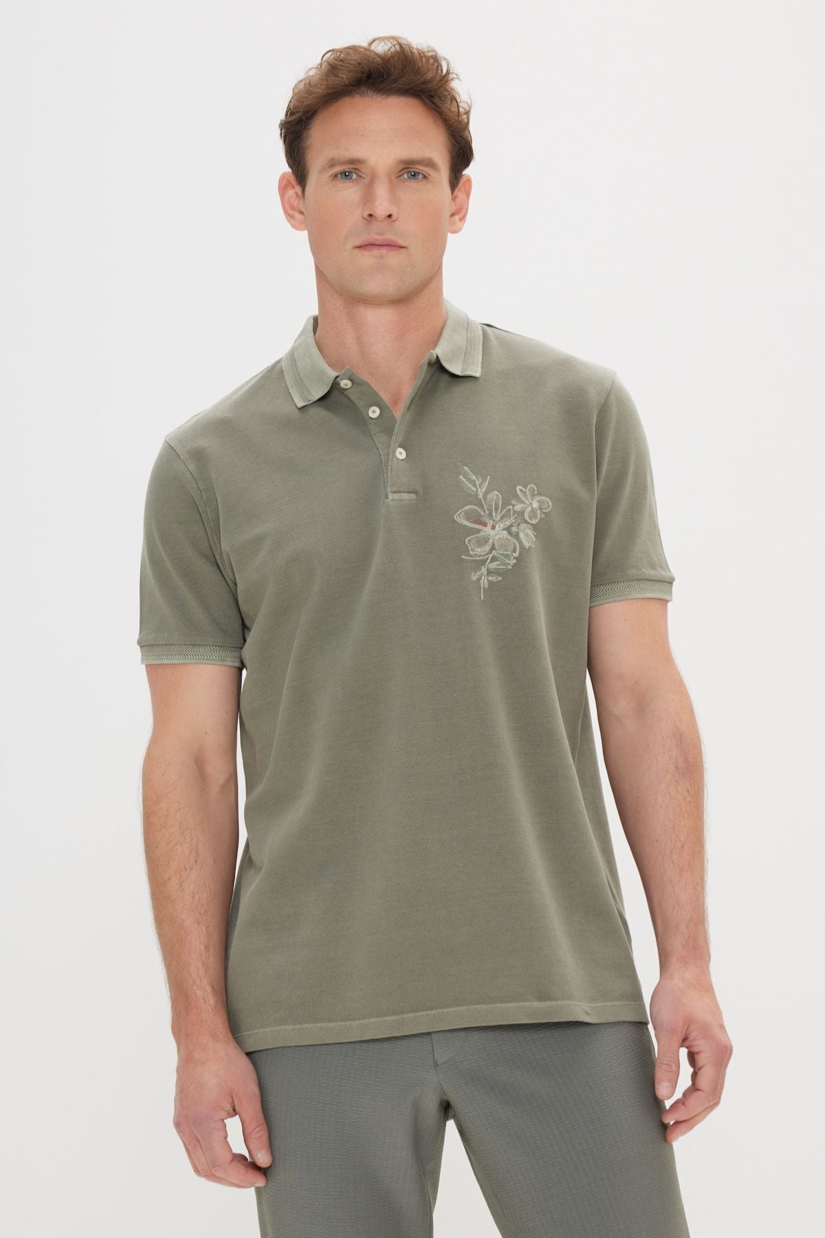 Male Khaki Slim Fit Narrow Cutting 100 %Cotton Printed Polo Yaka T -shirt