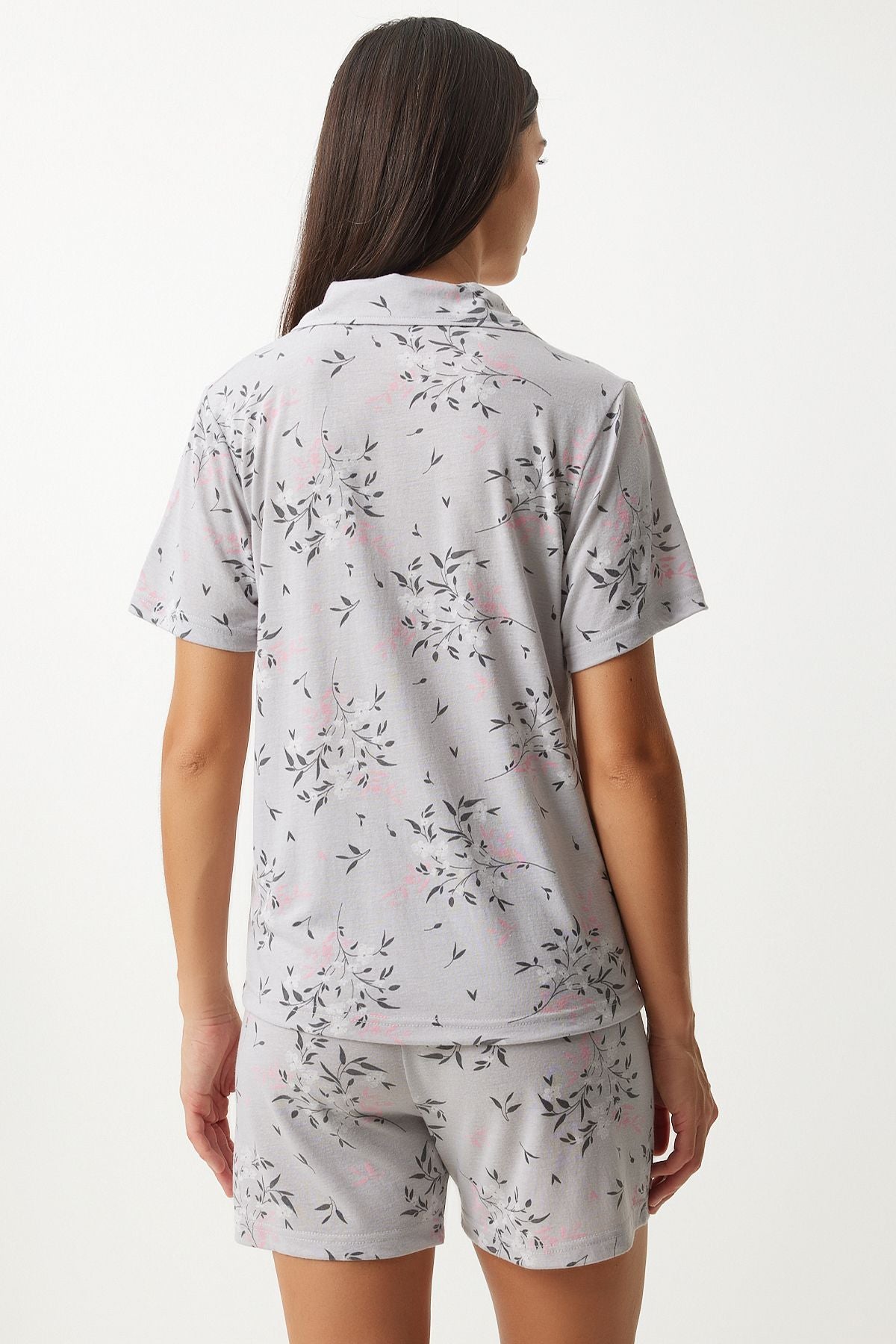 Female Gray Patterned Viscose Shirt Shirt Pajama Set EC00044