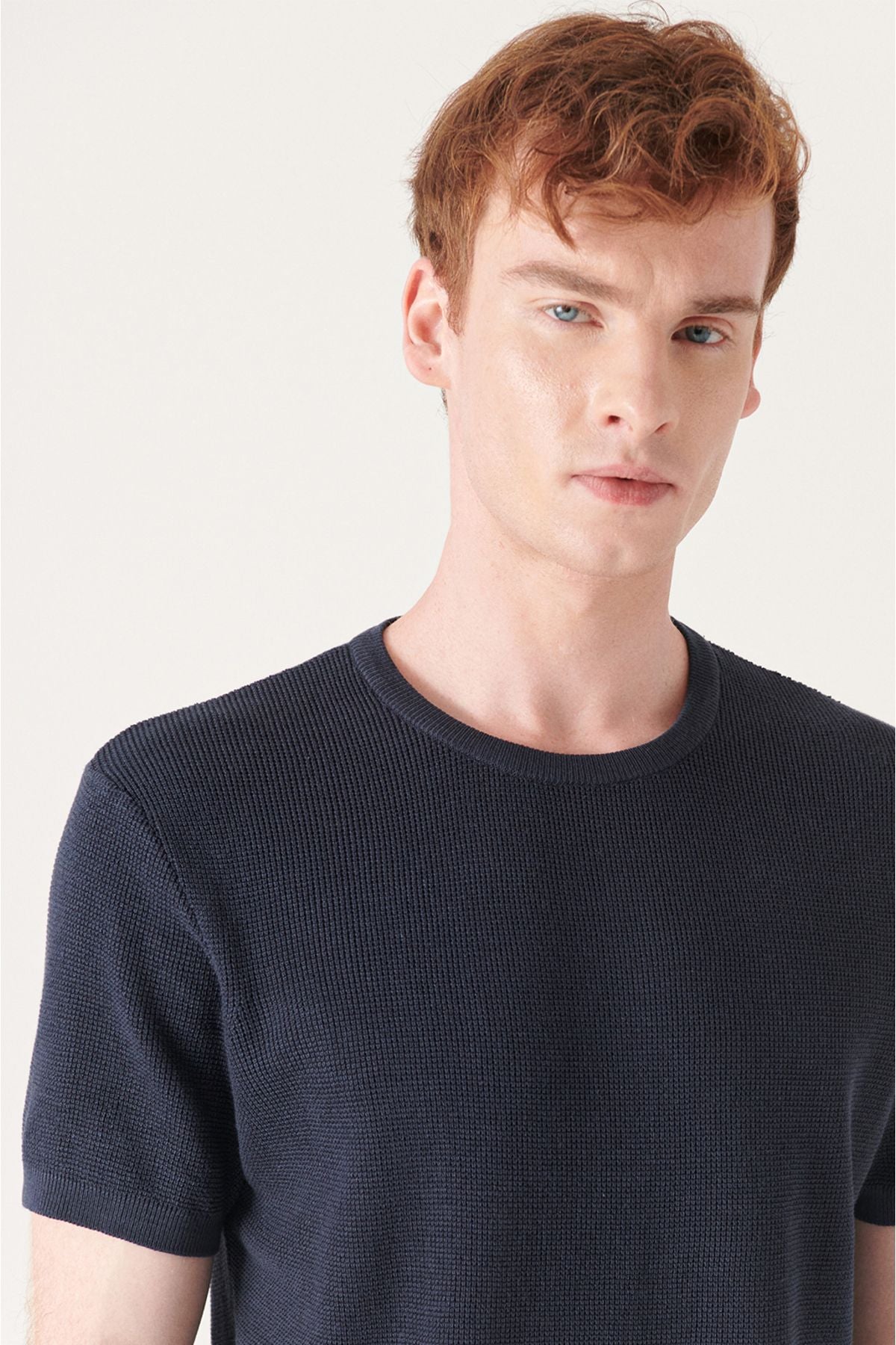 Men's Navy Modal Bicycle Collar textured riban knitwear T-shirt B005010