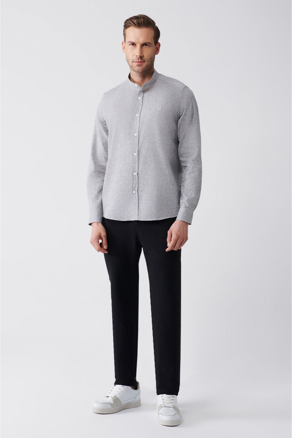 Men's anthracite judge collar linen mixed shirt B002027