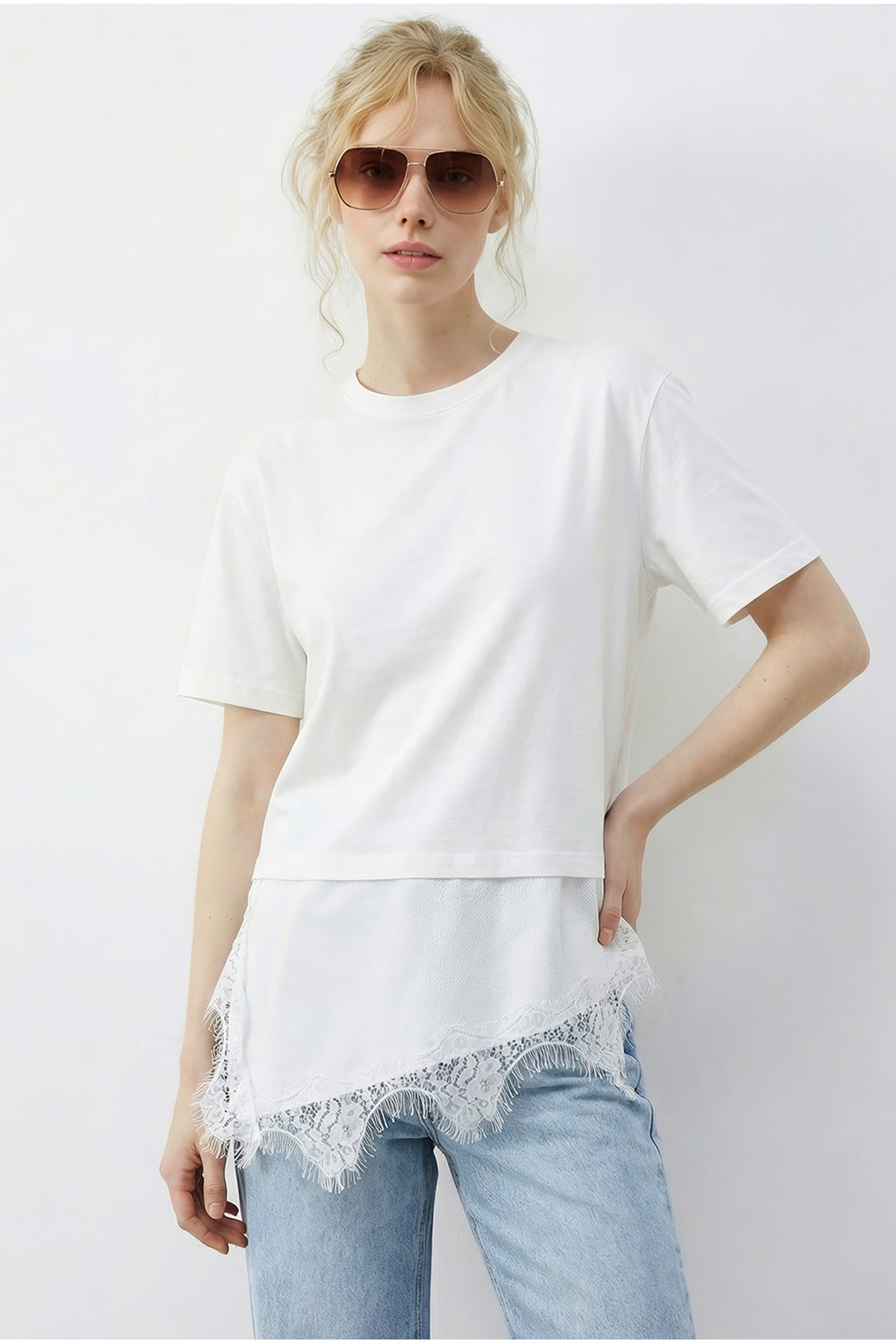 Women's Asymmetrical Lace Hemline Oversize T-Shirt 8716 60283956