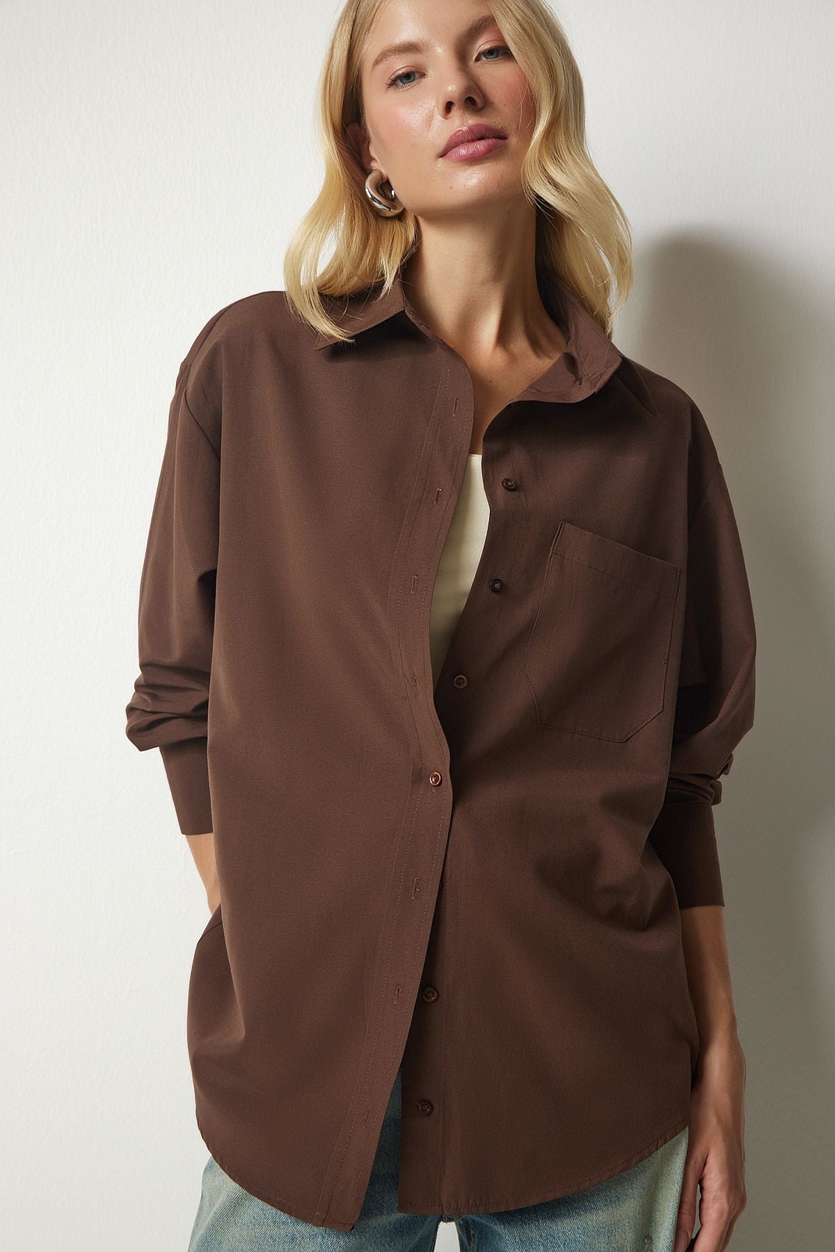 Female Brown Single Pocket Boyfriend Poplin Shirt CY00014