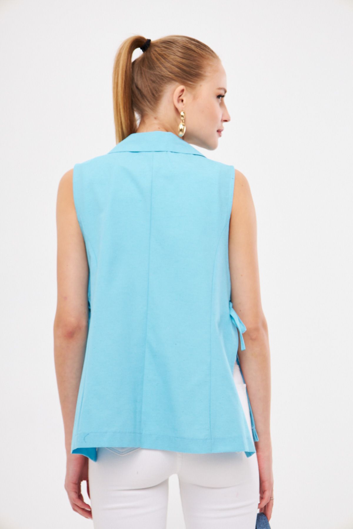 Female turquoise men's collar side-binding vest ARM-25K001007