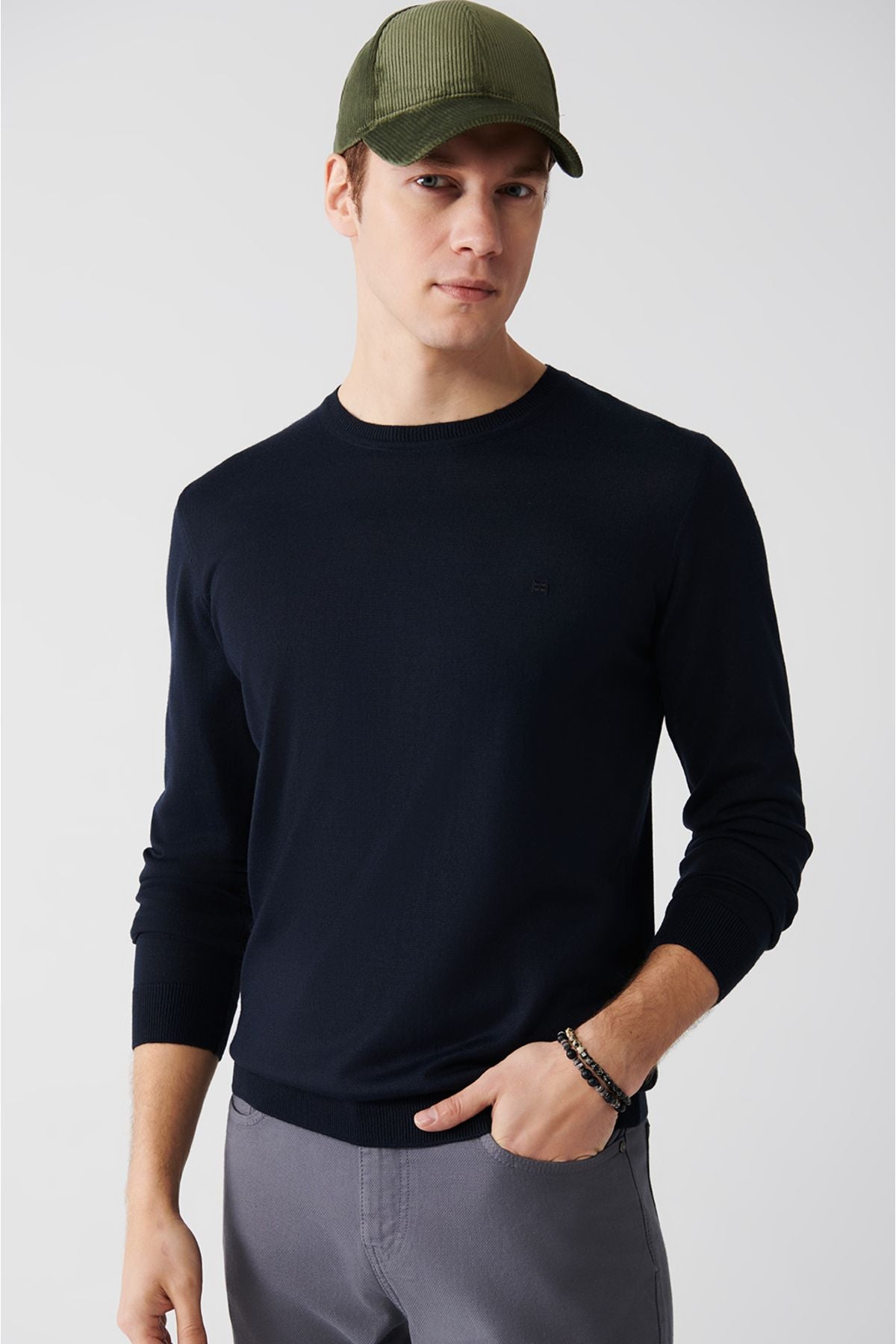 Men's navy blue bike collar wool mixed knitwear sweater B005013