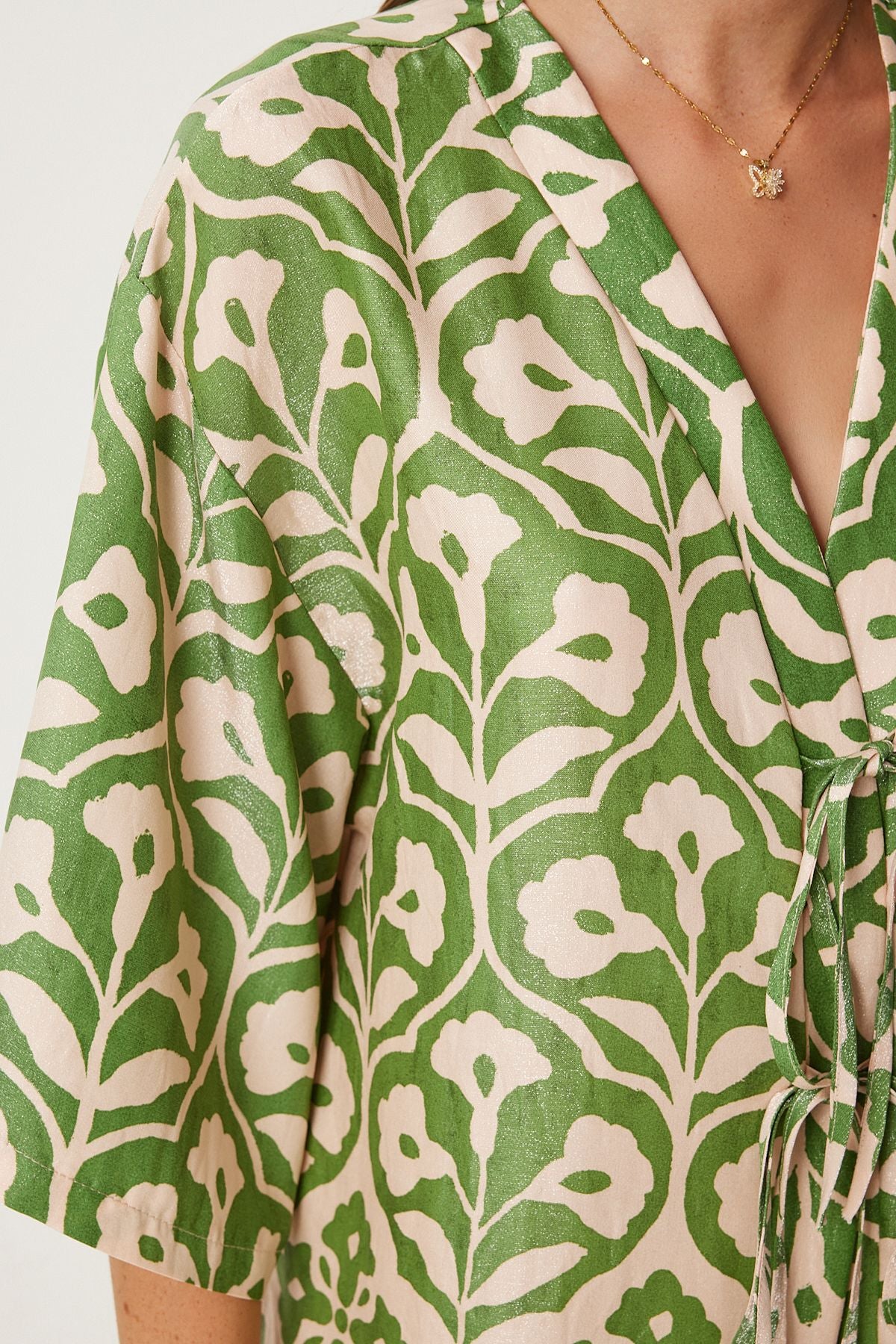 Female Green Cream Patterned Viscose Blouse Palazzo Set FN03278