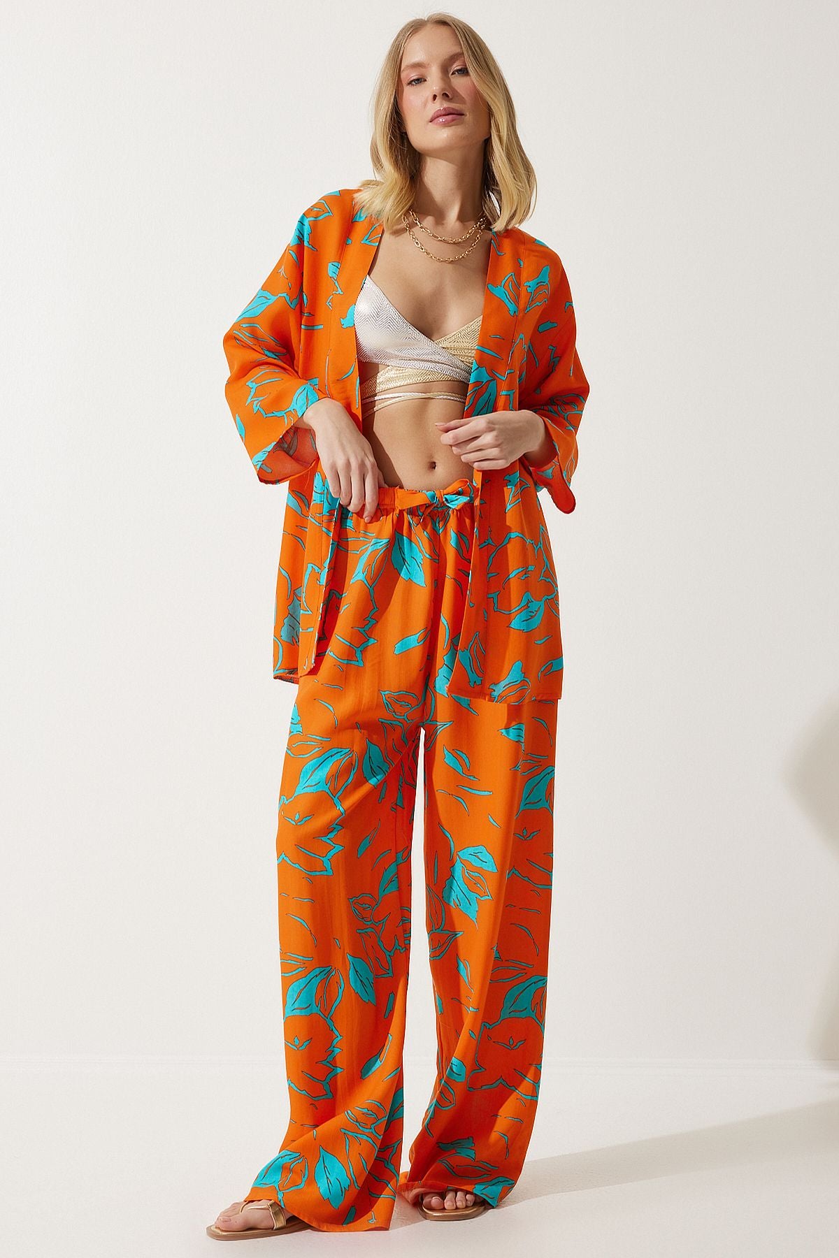 Women's Sky Blue Orange Patterned Kimono Palazzo Pants Set EN00614