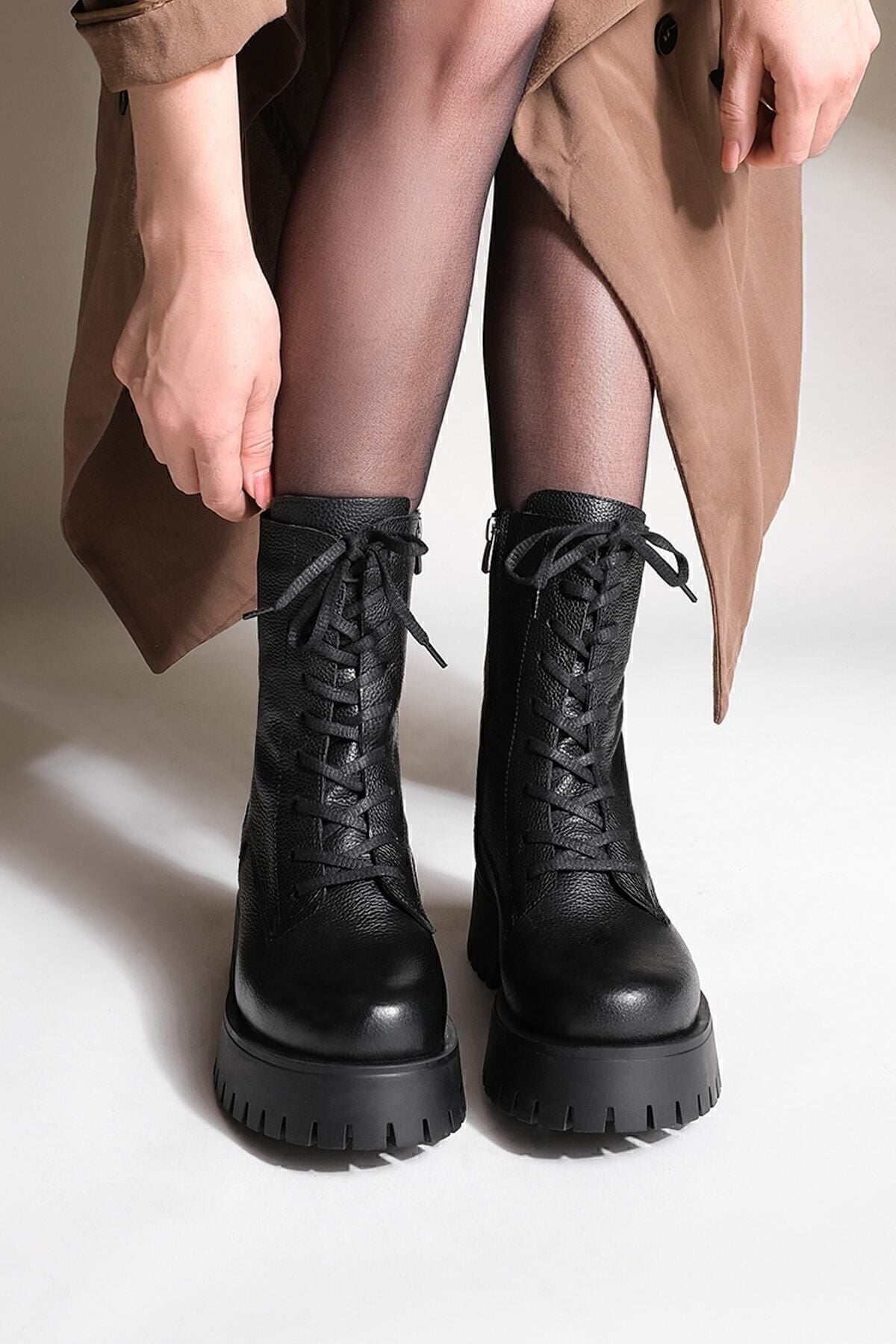 Woman Genuine Leather Postal Boots Thick Skolded Base Zippered Lace Laccik Daily Bot Orben Black